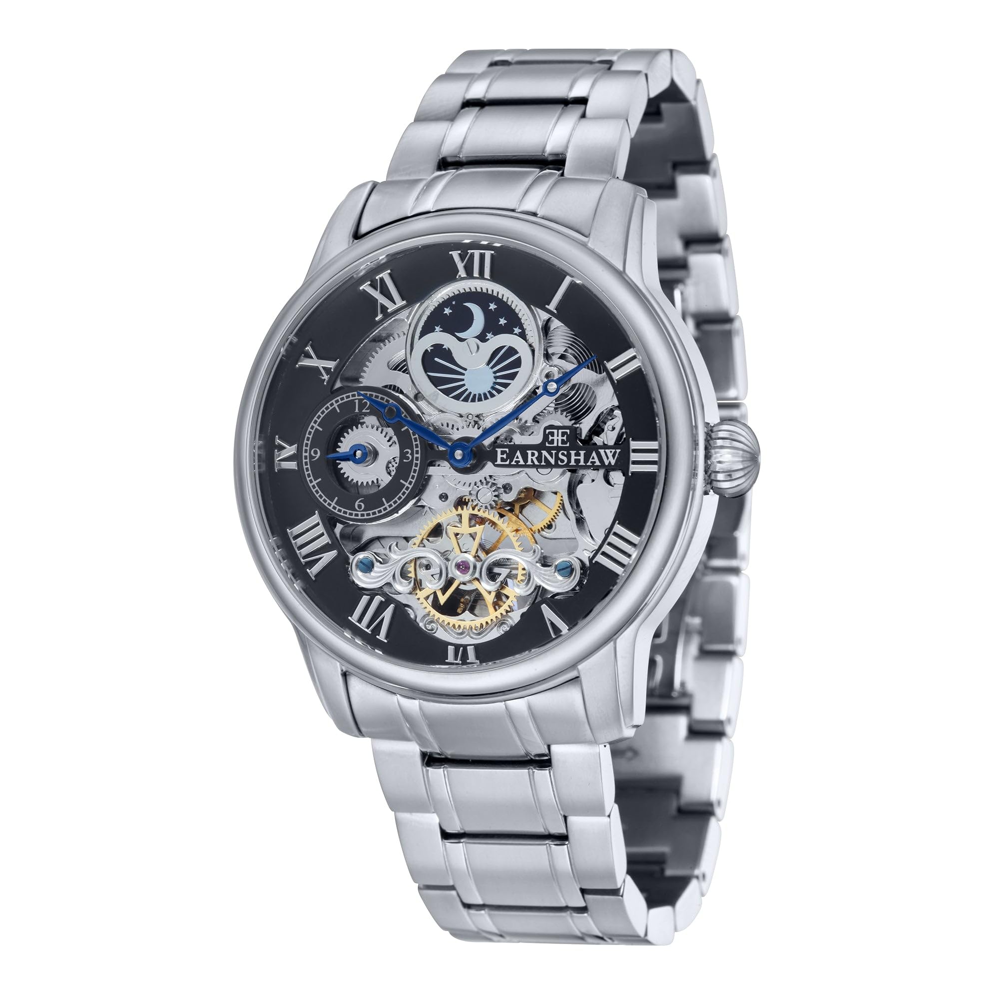 Thomas EarnshawMens 44mm Longitude Dual Time Automatic Skeleton Watch with 12 Hour Dual Time, Sun & Moon Display and Decorated Rotor