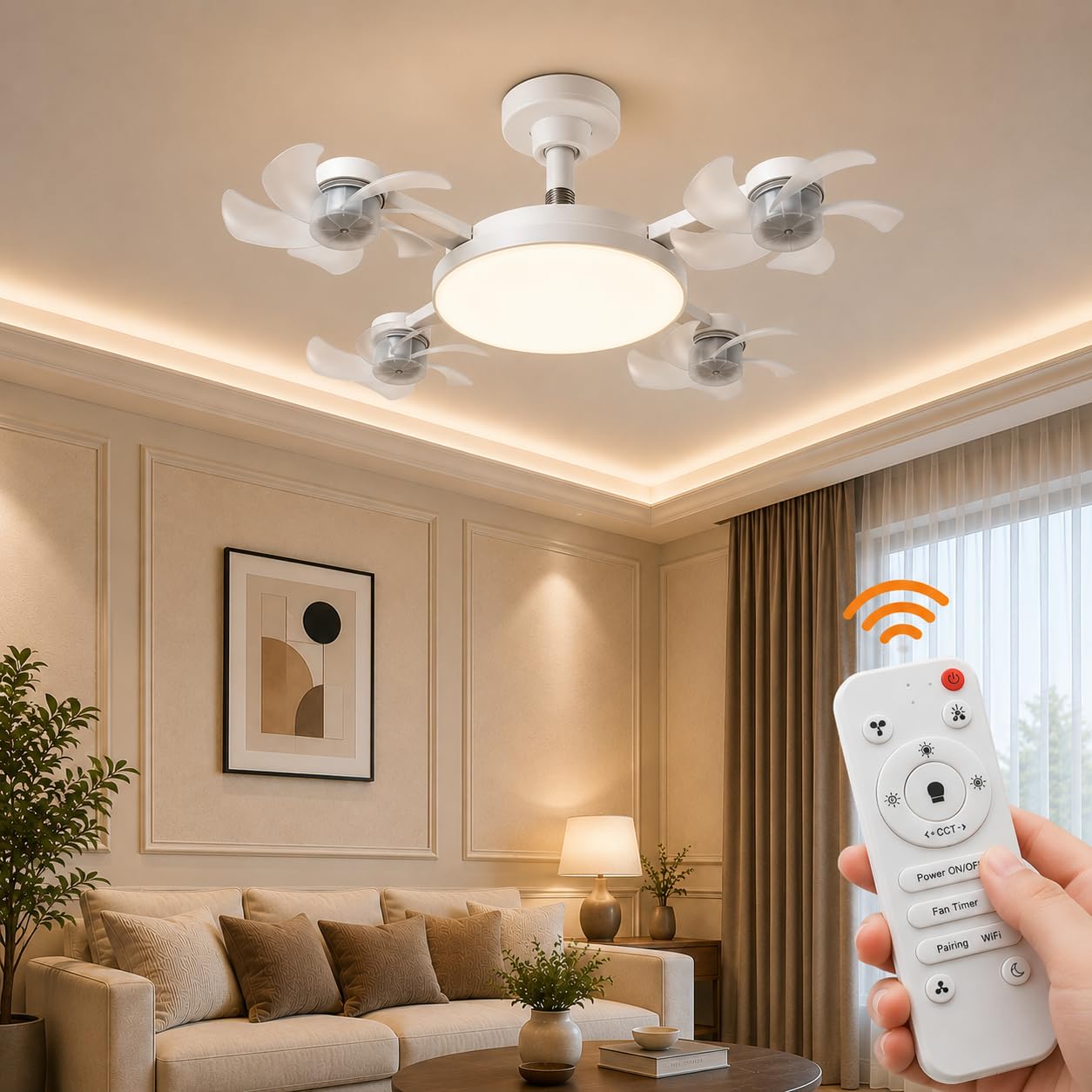 LED Ceiling Light from Acrylic Flush Mount Lamp for Living Room, Bedroom, Kitchen & Office. Modes : Warm, Cool & Natural White (Drone LED with Small Fan)-image-11