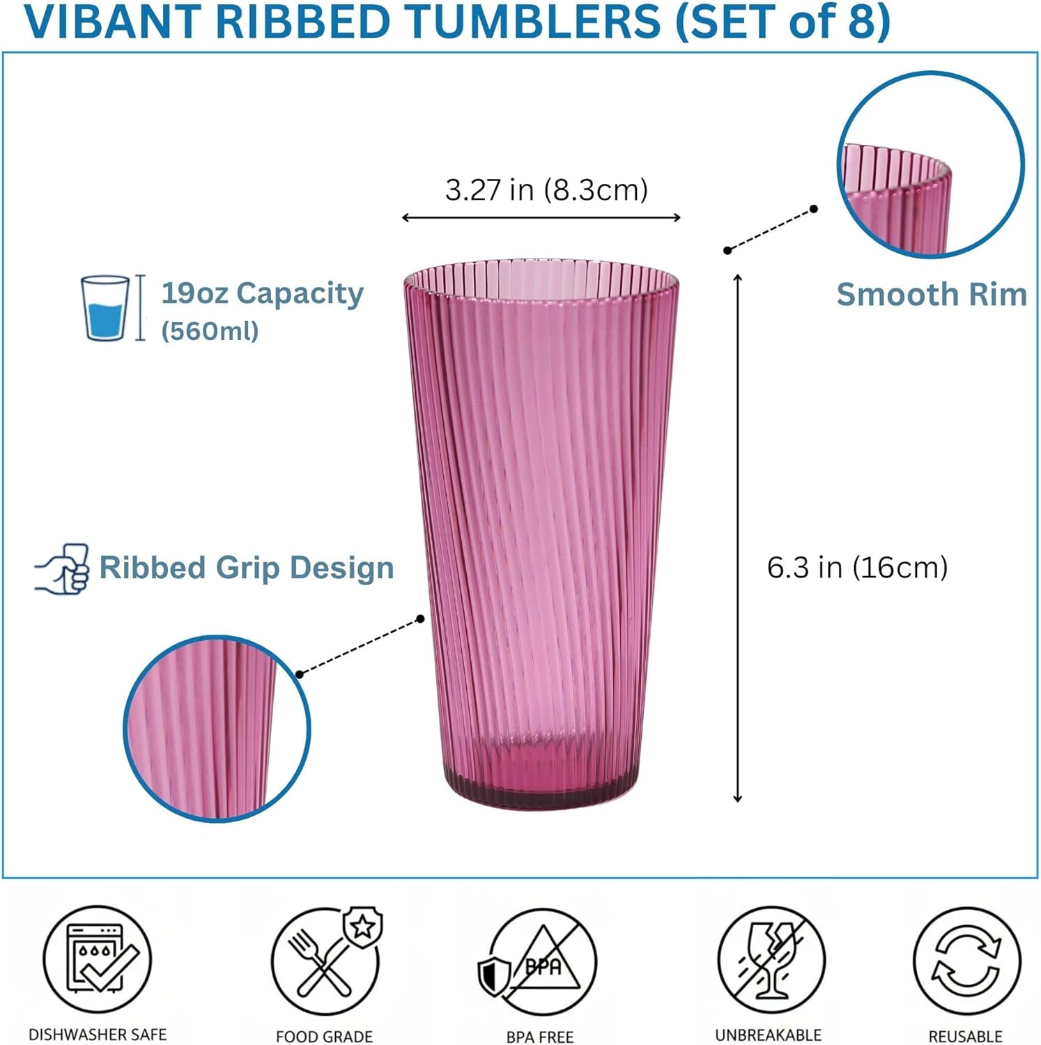 Plastic Drinking Glasses Set of 8, 19oz Unbreakable Acrylic Cups for Kids Dishwasher Safe Reusable Cups BPA Free Stackable Plastic Tumbler for Kitchen, Bar, Holiday, Party, Dinner - Image 11