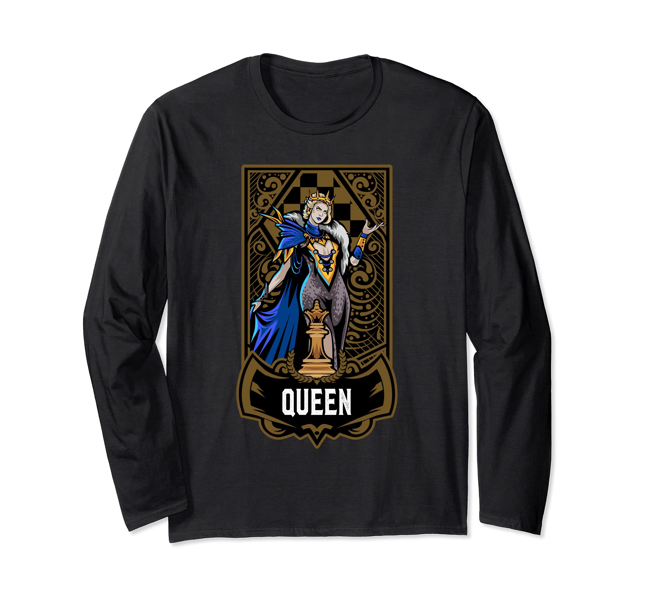 Queen Chess Game Piece Chess Club Players Gambit Blue Team Long Sleeve T-Shirt, Black