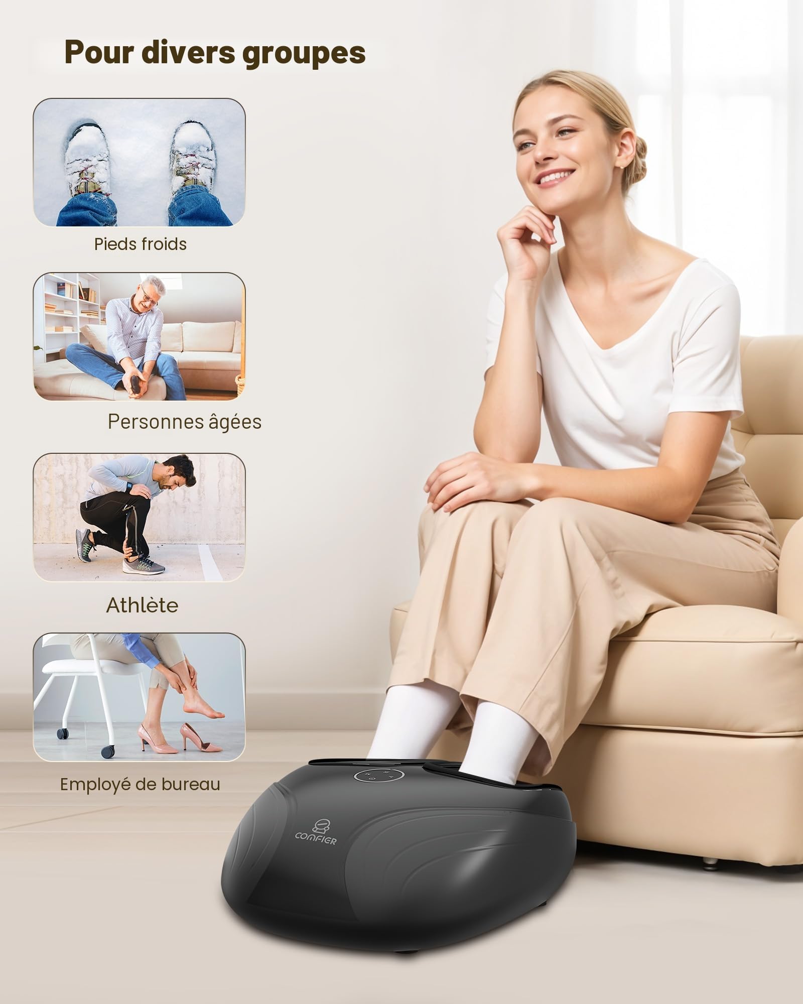 COMFIER Masseur Pied Professionnel - Appareil de Massage Pieds Shiatsu avec Chaleur, Pétrissage en Profondeur, Roulement 3D et Compression d'Air pour une Détente Complète - Cadeau pour homme/femme