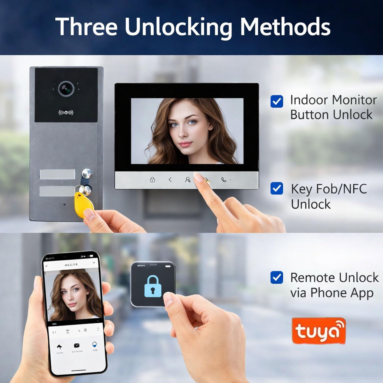 Videocitofono WiFi TUYA con controllo accessi, citofono video con unità esterna IP65, 1 unità esterna + 2 monitor interni, apertura porta tramite app e RFID (IC) / NFC, per casa e ufficio(3)