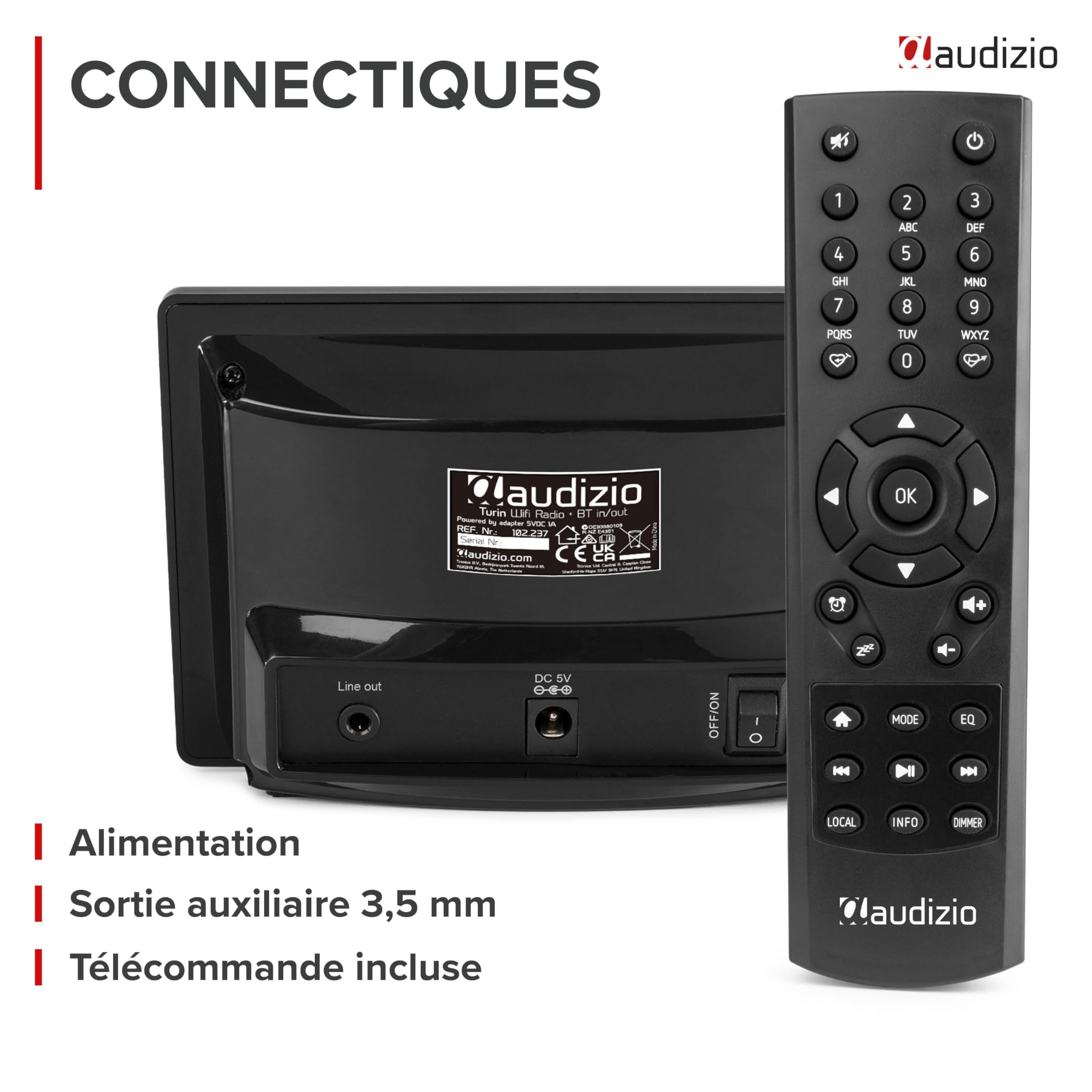 Audizio Turin Tuner Radio Internet WiFi avec Sortie BT sans Fil - Adaptateur Hi-FI pour Écouter la Radio sur Enceintes ou Casque BT - Radio Internet Maison Compacte