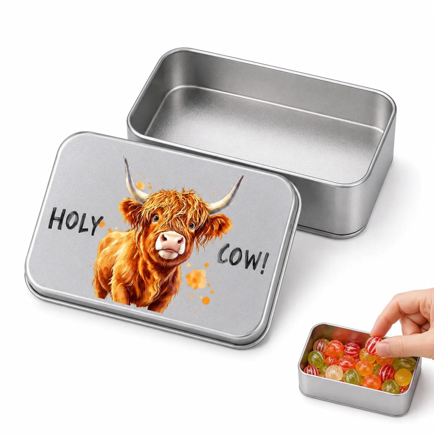 ZENITHYX Highland Cow Small Metal Tin, Highland Cow Rectangular Small Tins with Lids for Candy Chocolate Pills, Cow Mint Tin for Kids Adults
