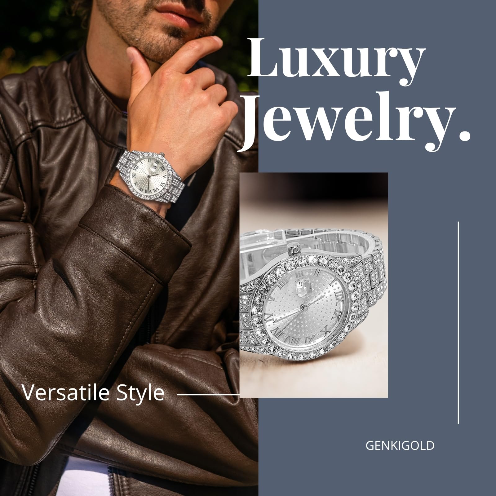 Reloj con Diamantes para Hombre – Esfera Redondo 43mm con Números Romanos – Chapado en Oro 18K/Platino Correa 22,5cm – Cuarzo Japonés – Joya de Lujo – Compatible con Cadena Cubana Opcional