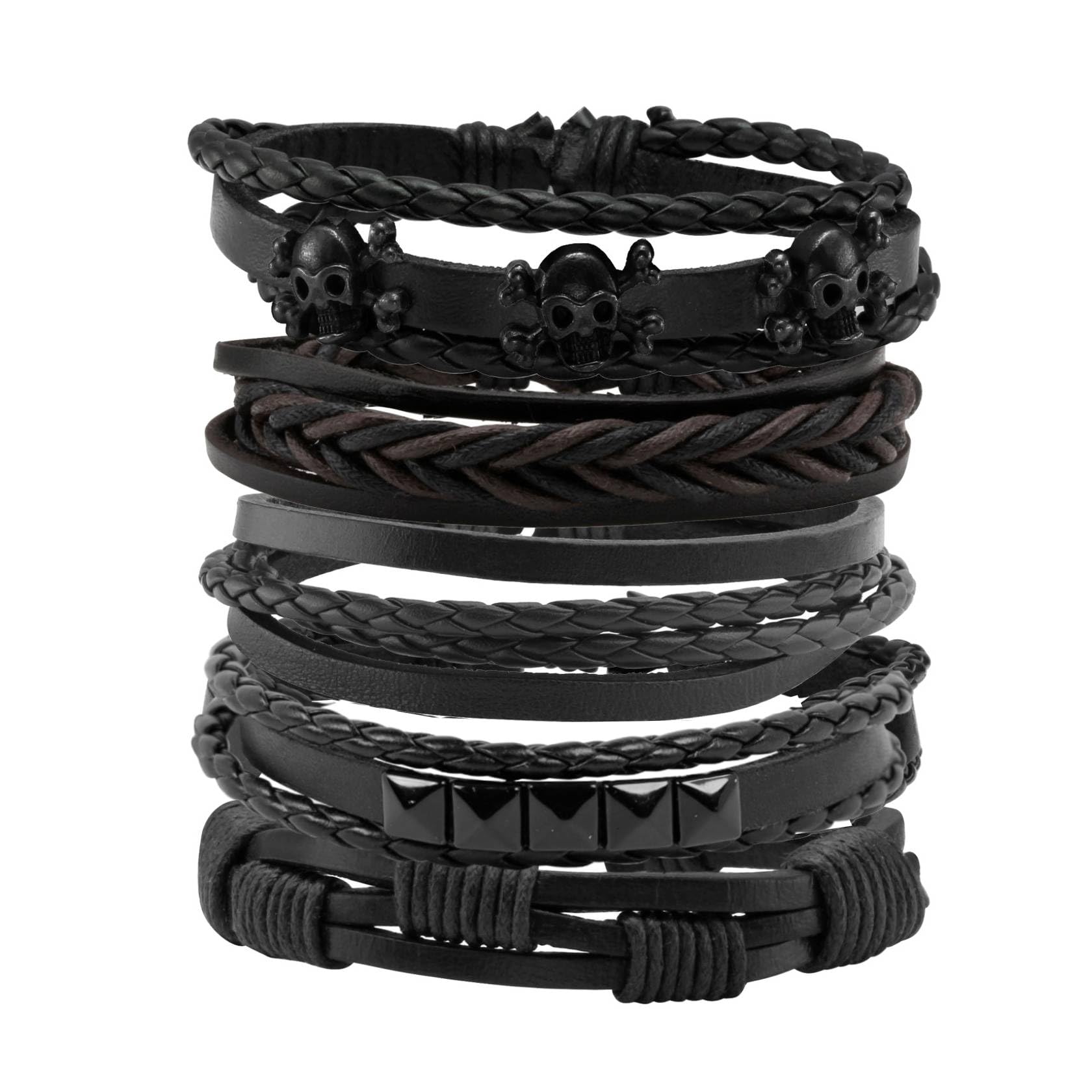 MILAKOOLeather PU Braided Bracelets for Men Women Skull Black Wristband Halloween Punk Enthusiasts