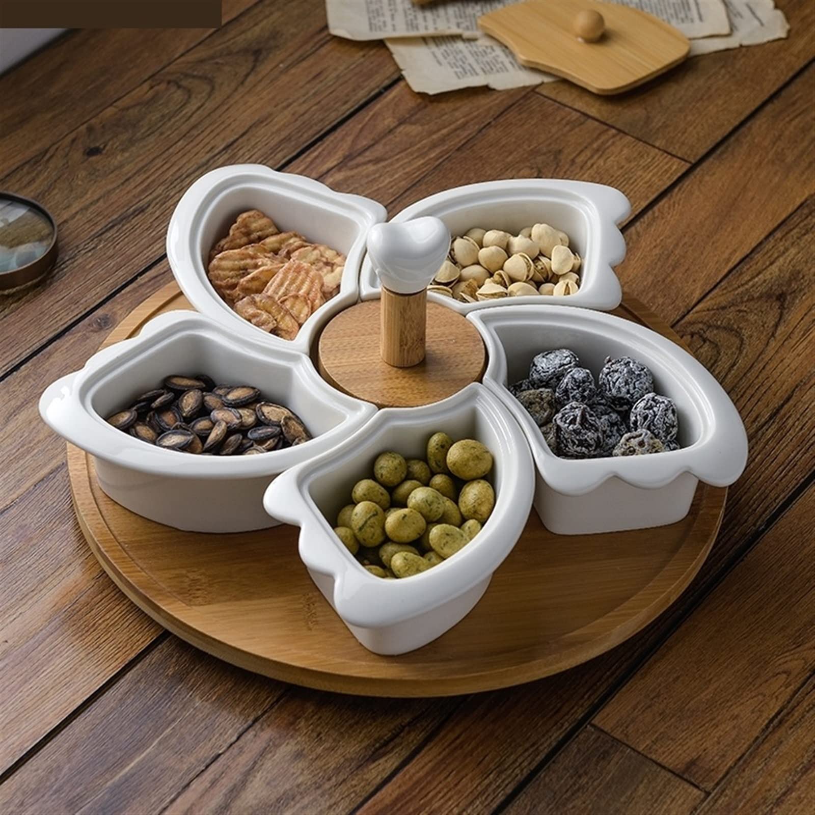 Snack-Serviertablett, weiße Keramik mit Drehteller, Obstteller mit fünf Gittern und Holzdeckel, drehbarer Snack-Nuss-Teller, Dessert-Snack-Tablett, Obstteller-Set, Vorspeisentablett (Farbe: