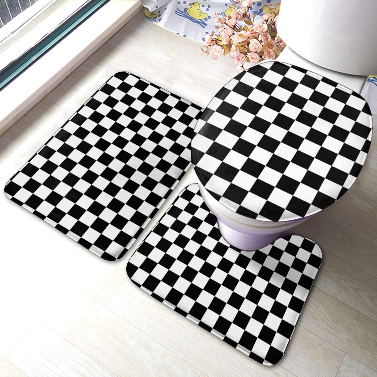 Redbeans Colorful Non Slip Bath Mat 3 Piece Flannel Bathroom Rug Set,Black White Checkered Checker Soft Pedestal Anti Slip Shower Mat And Toilet Cover Rug Set