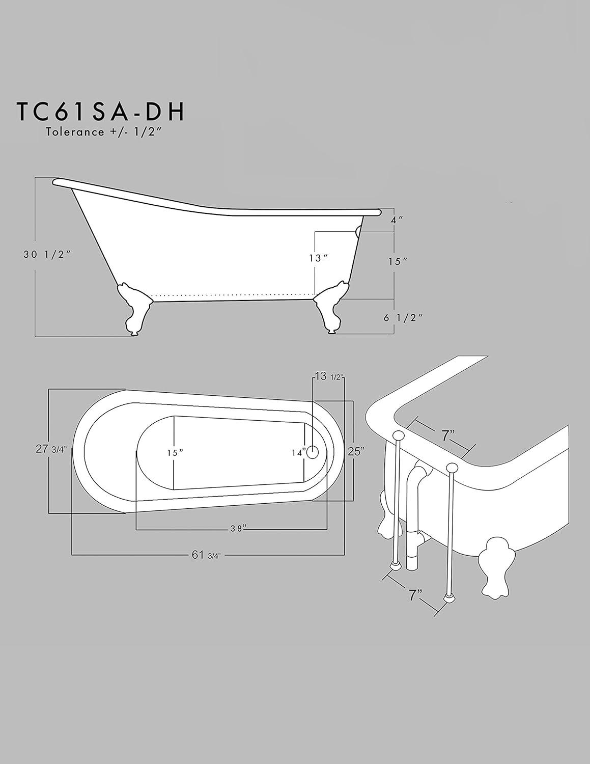 61" Claw Foot Acrylic Slipper Bathtub with 7" Faucet Hole Drillings & Chrome Feet- "Maries"