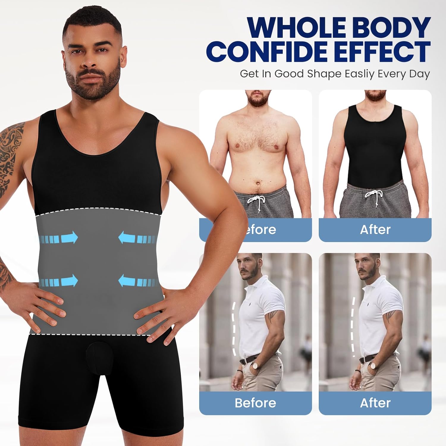 Mens Full Body Shaper Slimming Compression Bodysuit Shapewear Thigh Slimmer Tummy Control Fajas Para Hombres - Image 4