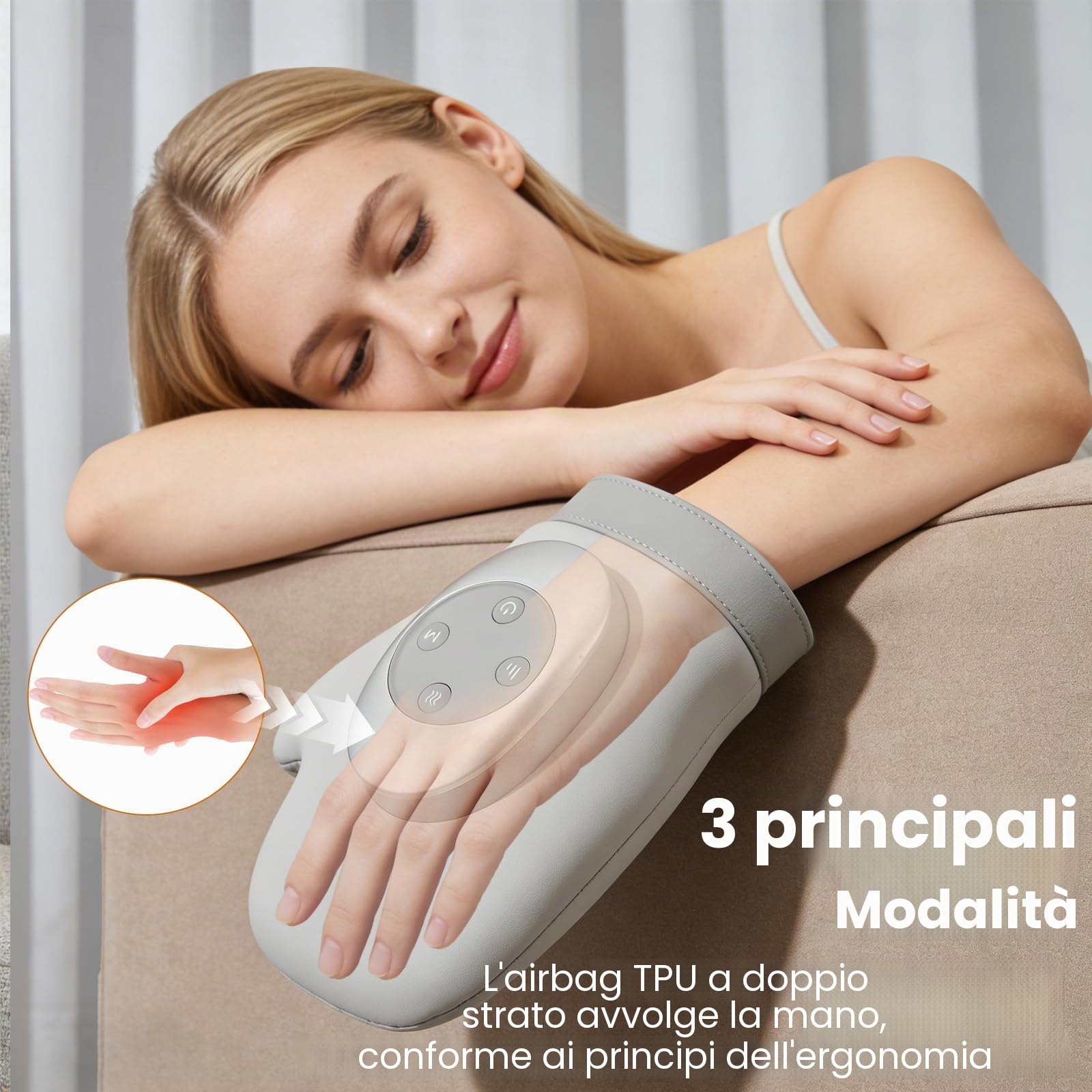Massaggiatore mano con calore & compressione contro artrosi & stanchezza manuale, 3 modalità, 3 livelli calore, 5 livelli pressione, guanto ricaricabile, regalo relax