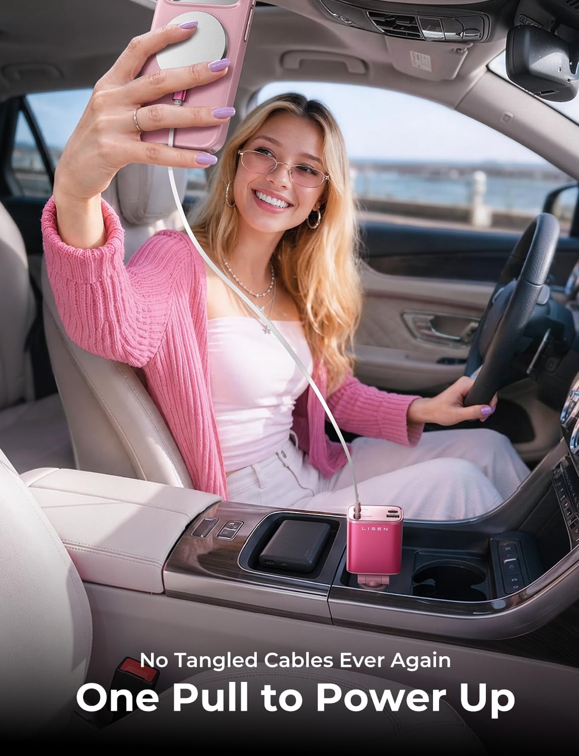 LISEN Retractable Car Charger, Pink-White view 3