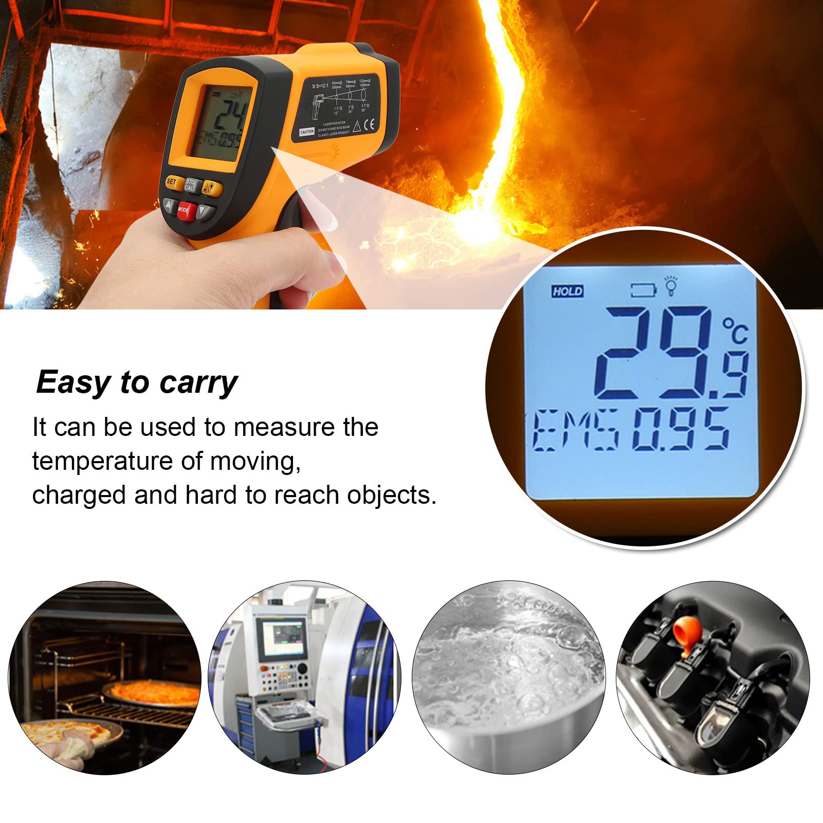 ViaGasaFamido Termómetro Infrarrojo, Medidor de Temperatura ABS con Puntero para Cocinar HVAC y Energía Eléctrica, Rango de -58 ℉ a 1382 ℉ para Detección de Puntos Calientes