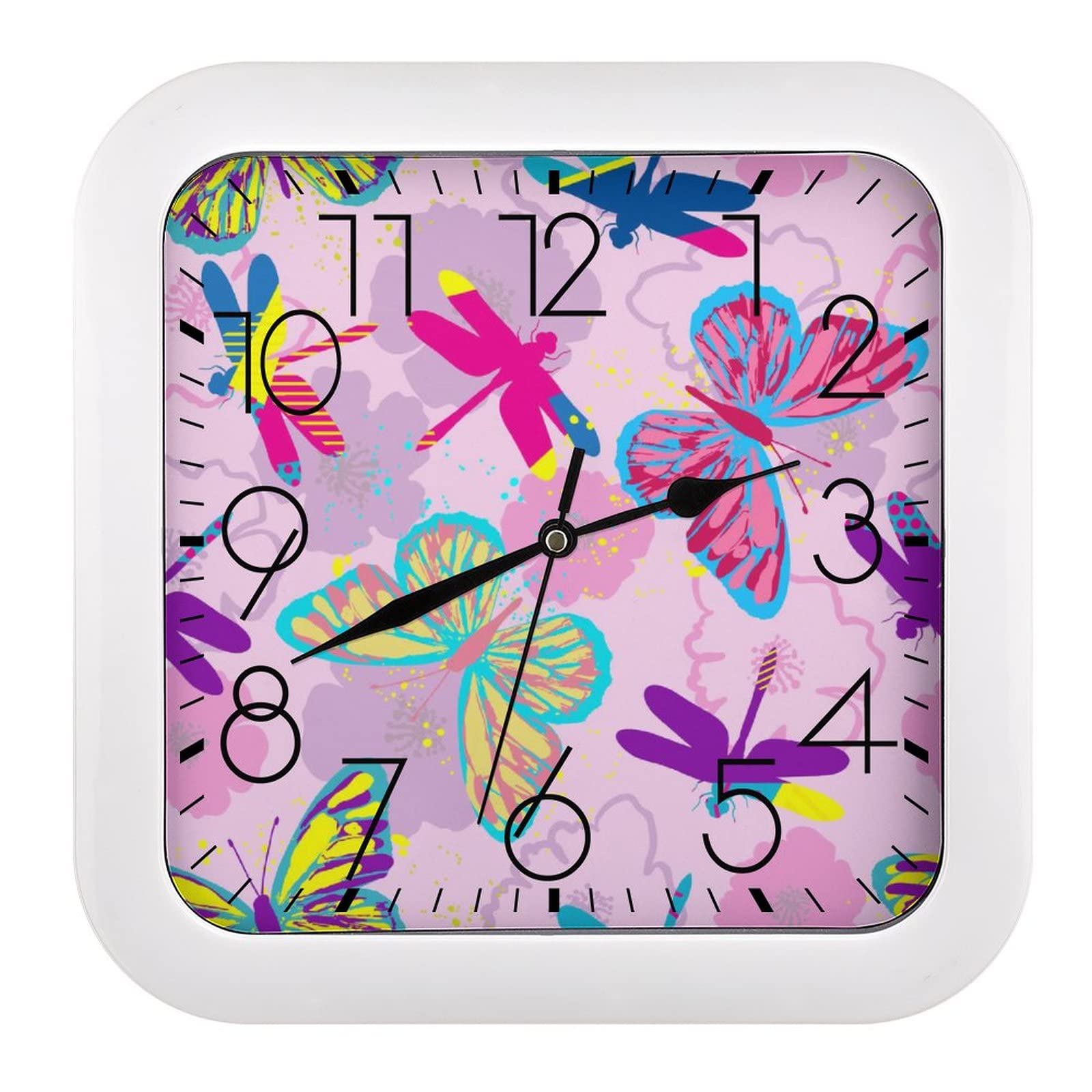 Horloge murale carrée libellule grands chiffres déco salon cuisine 26x26cm
