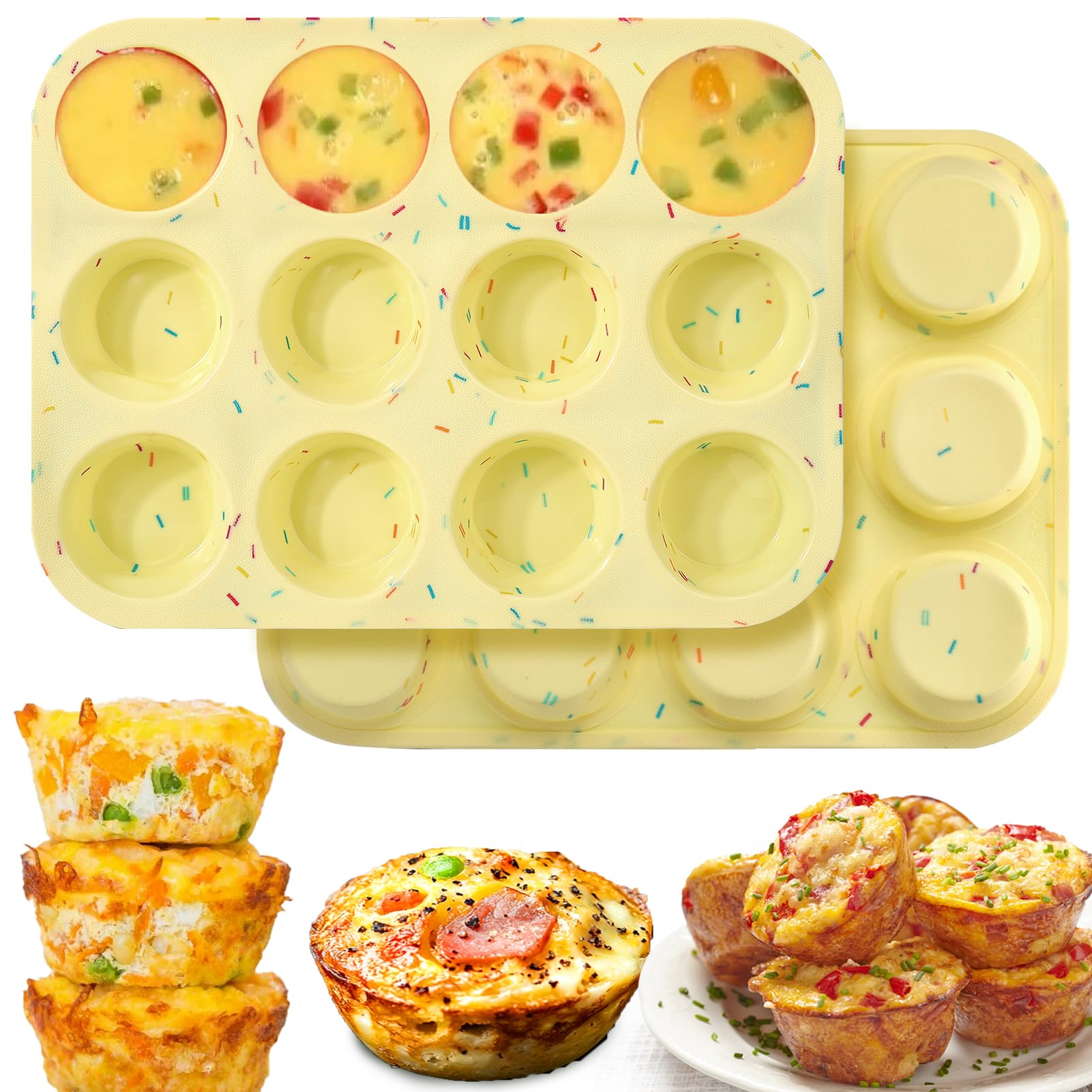 Palksky Silicone Egg Bite Molds, 2Pack 12-Cavity Muffin Pan for Baking, Tarts, Nonstick Cupcake Pan