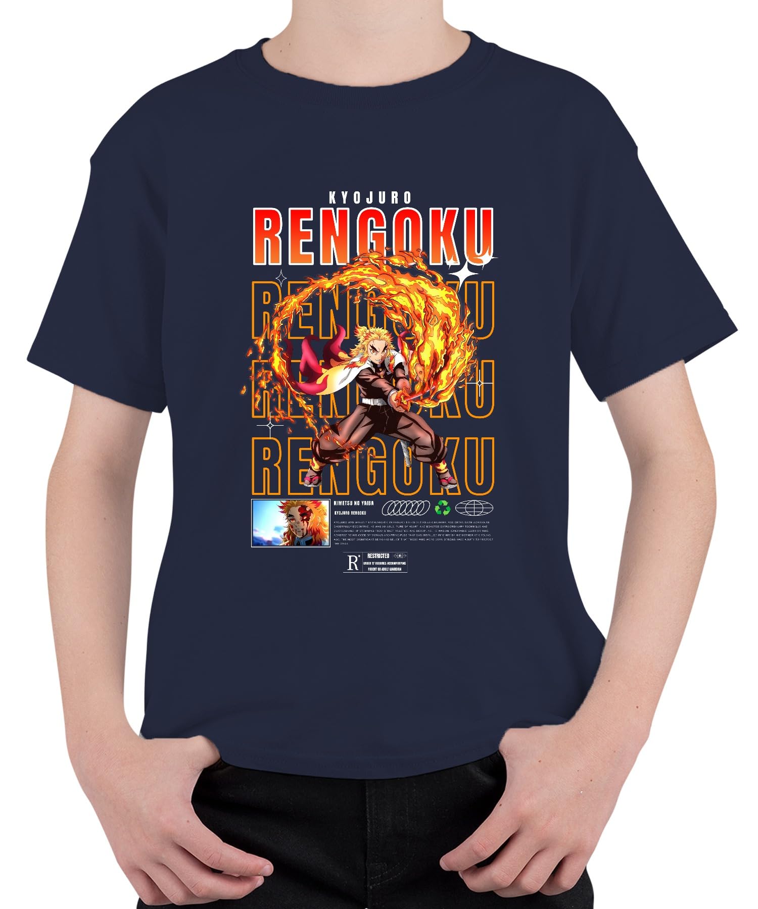 Rengoku Kyojuro Kimetsu no Yaiba Flame Hashira Anime Gift Unisex Children's T-Shirt, navy, 152