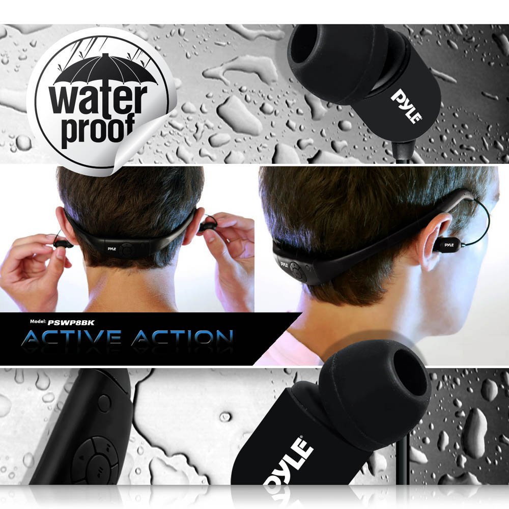 Reproductor Musical de MP3 con Auriculares, de Pyle, Impermeables, con Memoria de 8 GB integrada, para natación, Modelo «Active Action PSWP8BK»
