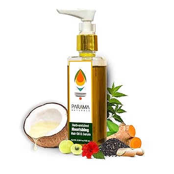 Parama Naturals Herb-enriched Nourishing Hair Oil & Serum for healthy roots & hair, reduces hair fall to get thicker hair. 100% natural. Non-greasy, quick absorbing, calming, for all ages, all hair types,100ml.