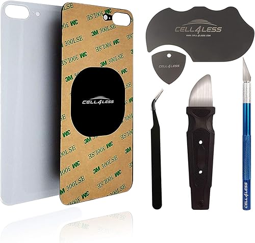 Cell4less - Cristal trasero compatible con el iPhone 8 Plus con adhesivo de cuerpo completo, herramienta de eliminación y orificio ancho para la
