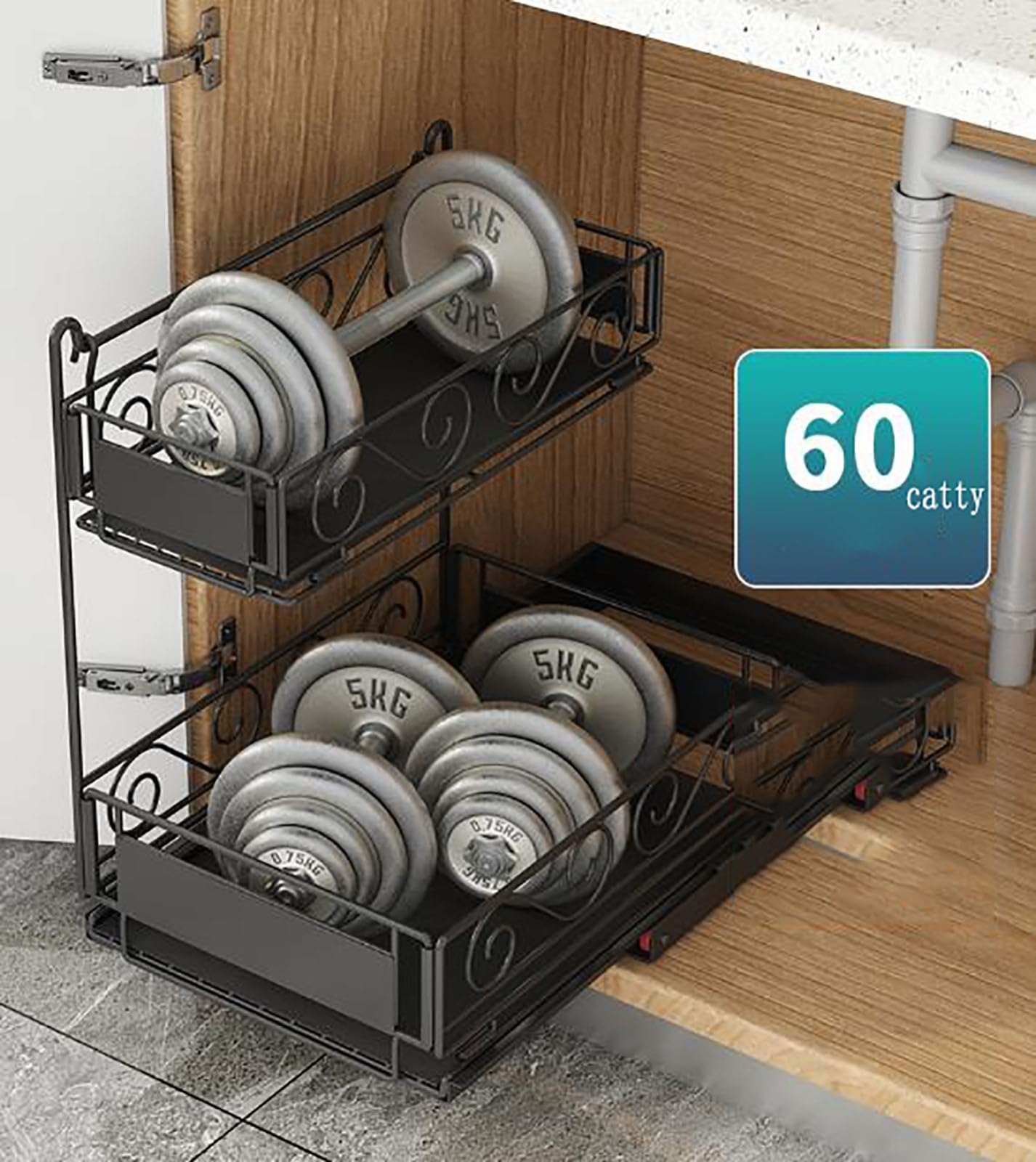 ELZEM Organizador Bajo Fregadero Cocina, Metal 2 Niveles Organizador Extraíble Estante Almacenamiento Debajo Fregadero Forma L, Estante Almacenamiento Integrado Multifuncional Fácil Montar A