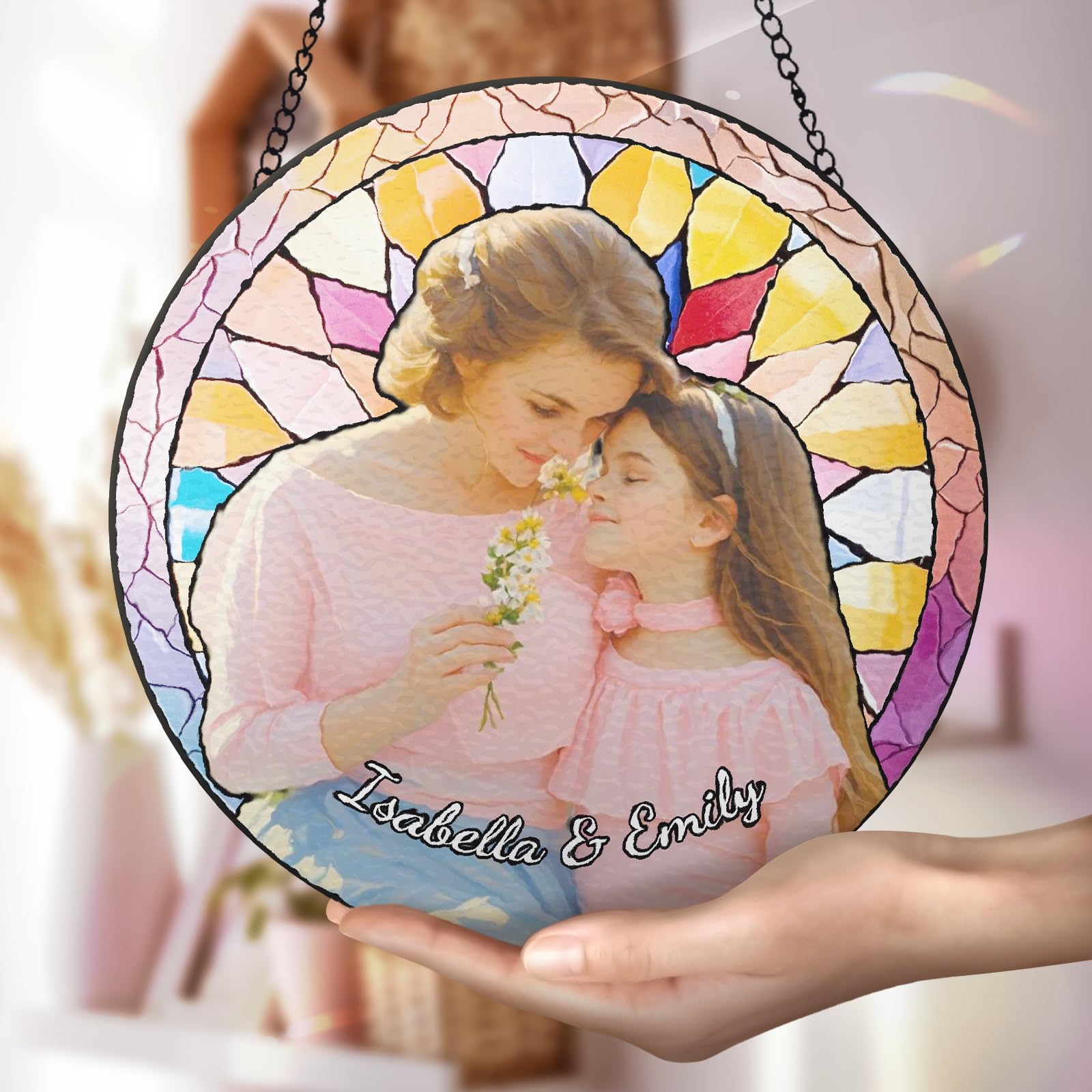 Personalised Suncatcher Stained Glass Window Hanging Gifts Custom Photo Family Window Hanging Ornament Grandma Kids God Cat Family Portrait Faux Stained Glass Memorial Gifts
