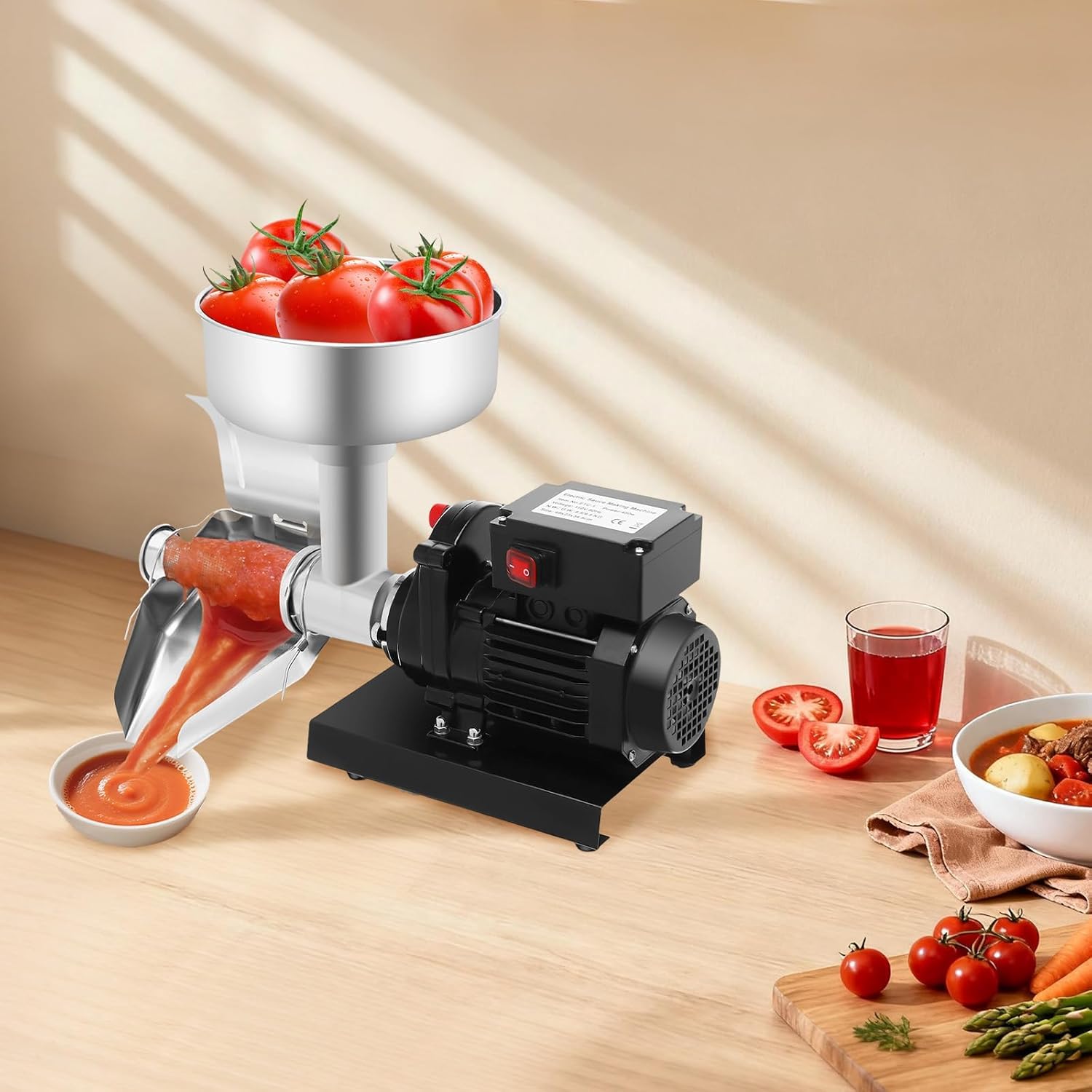 Passapomodoro Elettrico da 450 W - Passapomodoro in Acciaio Inox 304 con Imbuto da 4,8 Pollici, Motore in Rame Puro da 50 kg/h, Ideale per Salsa di Pomodoro Fatta in Casa Black+Silver