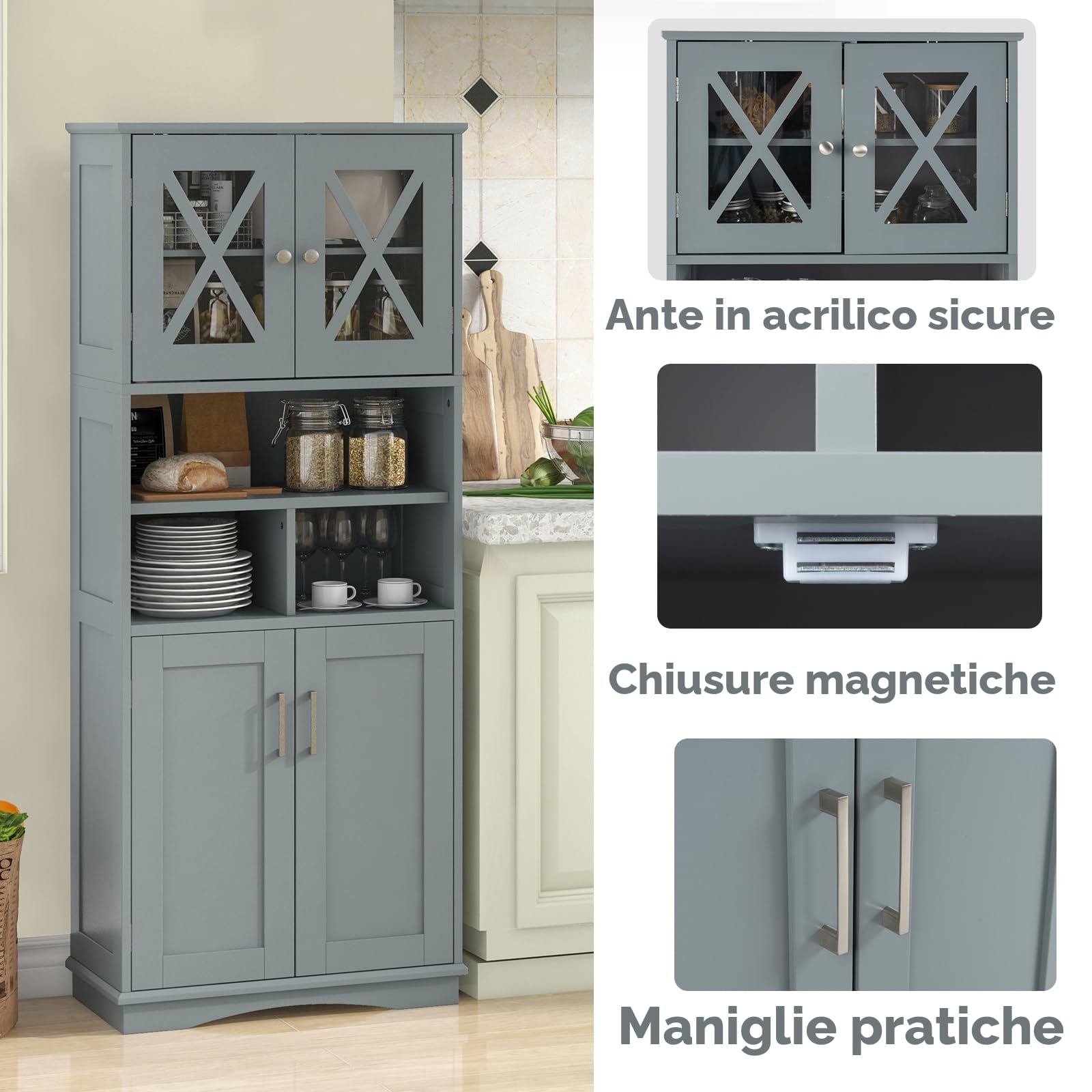 LIFEZEAL Mobile Bagno, in Legno, Mobiletto Bagno Salvaspazio, 60x30x145 cm, Credenza Cucina, con 4 Ante e Ripiani Regolabili, Armadietto Alto per Soggiorno, Armadio Multiuso Dispensa (grigio)