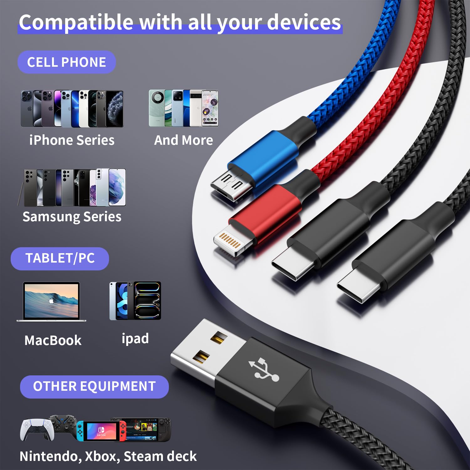 Travel Essentials, cable de carga múltiple dual tipo C 4 en 1 para múltiples dispositivos, cables USB, cable de carga universal para teléfono con puerto IP/Micro/2 USB-C para iPhone 17/16/15/14 6