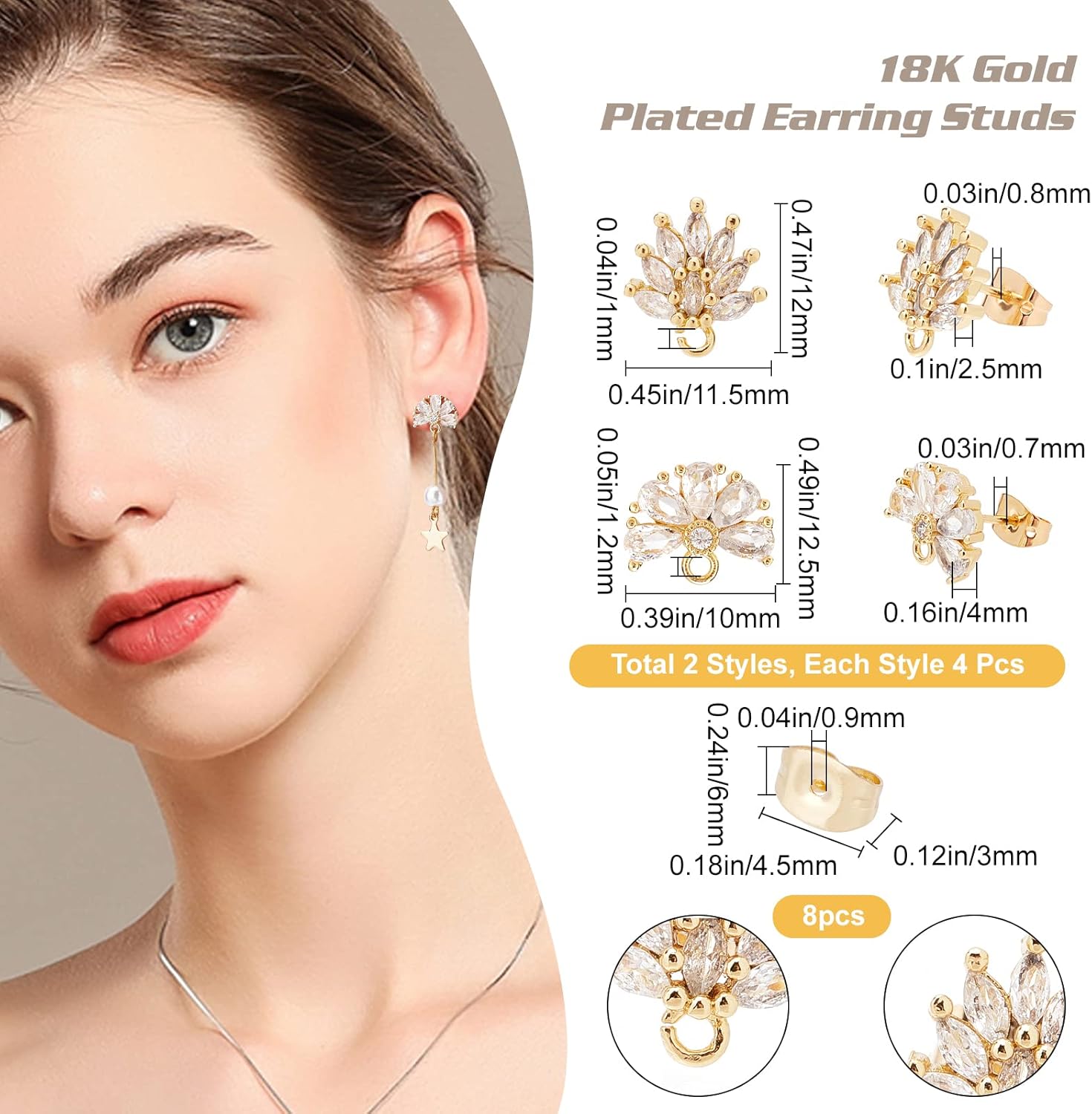 Beebeecraft 4 Pairs 2 Styles Cubic Zirconia Stud Earring Findings Brass Flower Earring Post with Loop for Jewelry Making DIY Crafts - Image 2