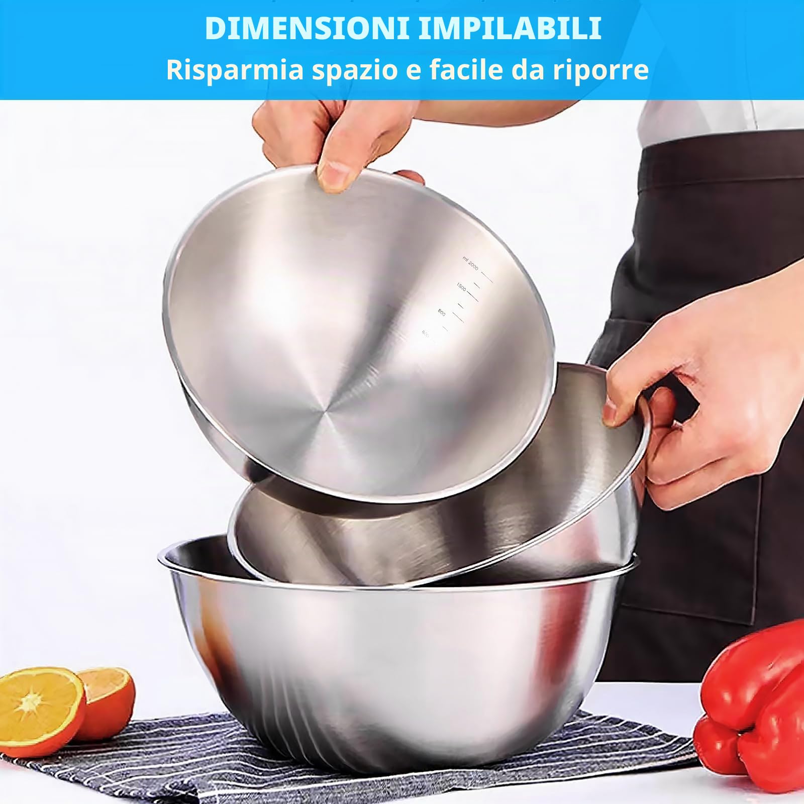 Nizirioo 5 ciotole in acciaio inox, per insalata, in acciaio inox, per la cucina, 1 l, 2 l, 2,5 l, 3,5 l, in acciaio inox, salvaspazio