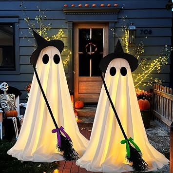 Halloween Decorations Indoor Outdoor, Spooky Ghost Halloween Decor with Witch Broom, Scary Ghosts Decor with LED Lights for Front Porche Yard Garden Home (1Pack)