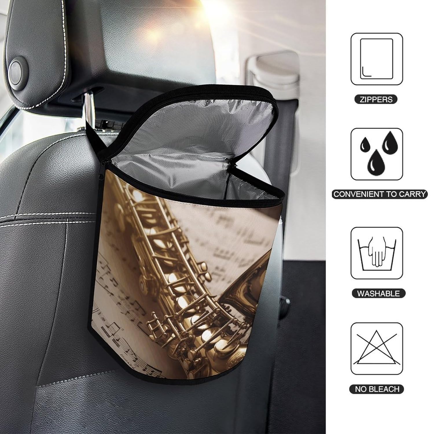 Leakproof Car Trash Can 2.5 Gallon, Durable Automotive Garbage Bag with Waterproof Liner, Saxophone on Sheet Music Trash Bag for Car, Truck, RV & Bathroom
