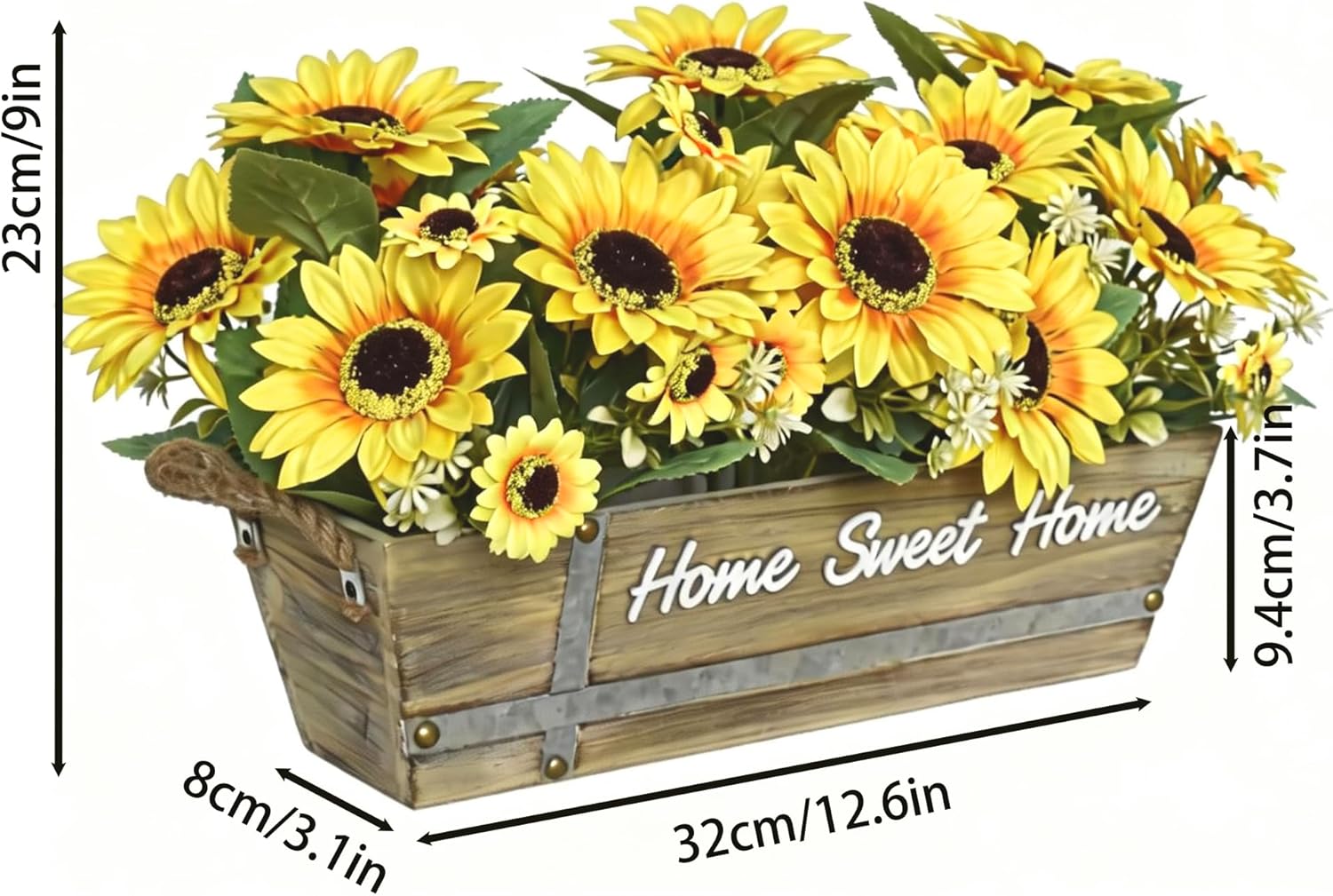 Artificial Sunflower Arrangement in Rustic Wood Box with “Home Sweet Home” Sign, Faux Sunflowers with Daisies and Greenery Farmhouse Table Centerpiece for Home Décor, Indoor Display