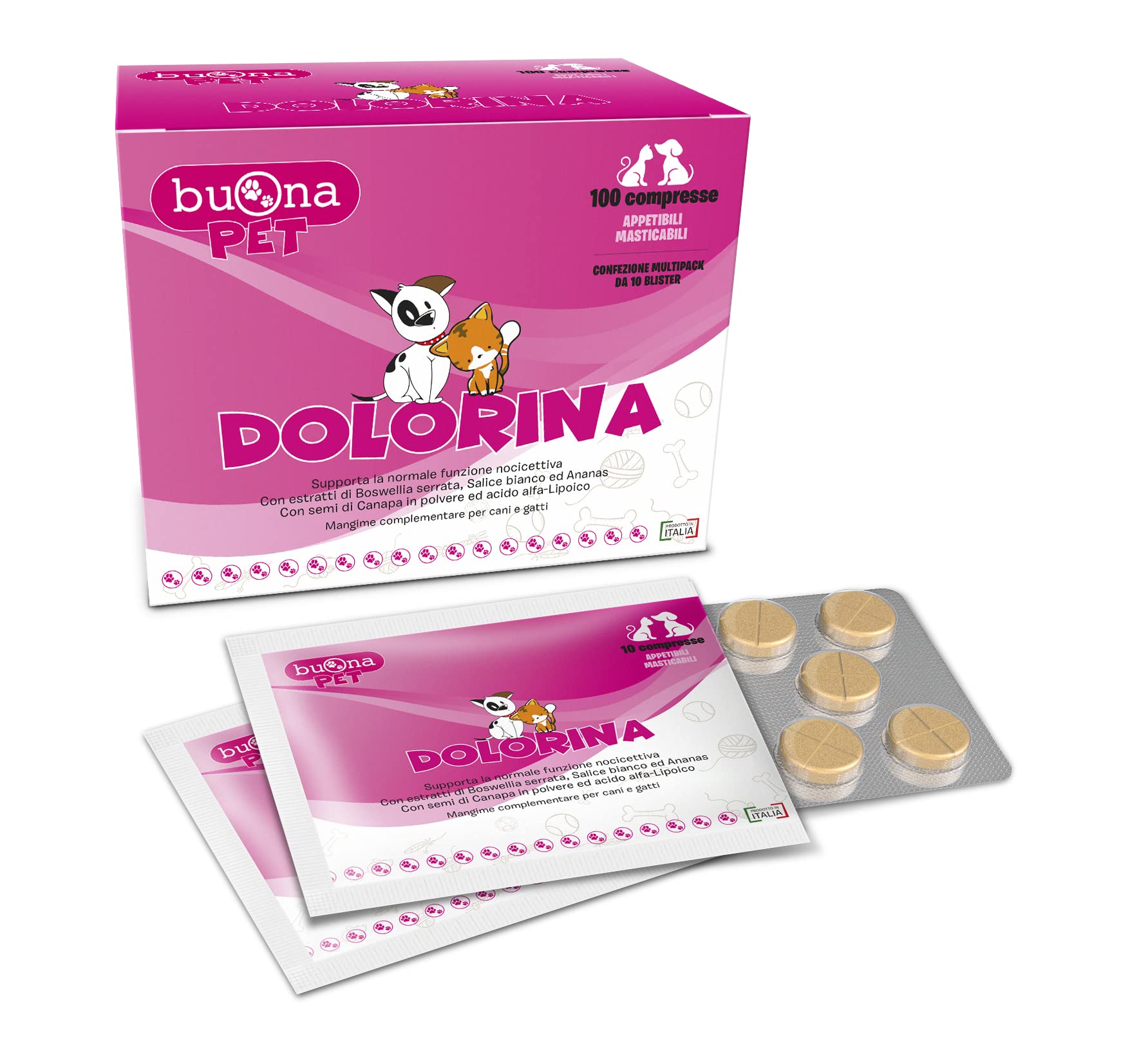 Dolorina Buona Pet Mangime Complementare per Cani e Gatti Con Boswellia, Salice Bianco, Acido Alfa Lipoico, Semi di Canapa e Ananas, Supporto alla Funzione Nocicettiva, 100 Compresse Appetibili