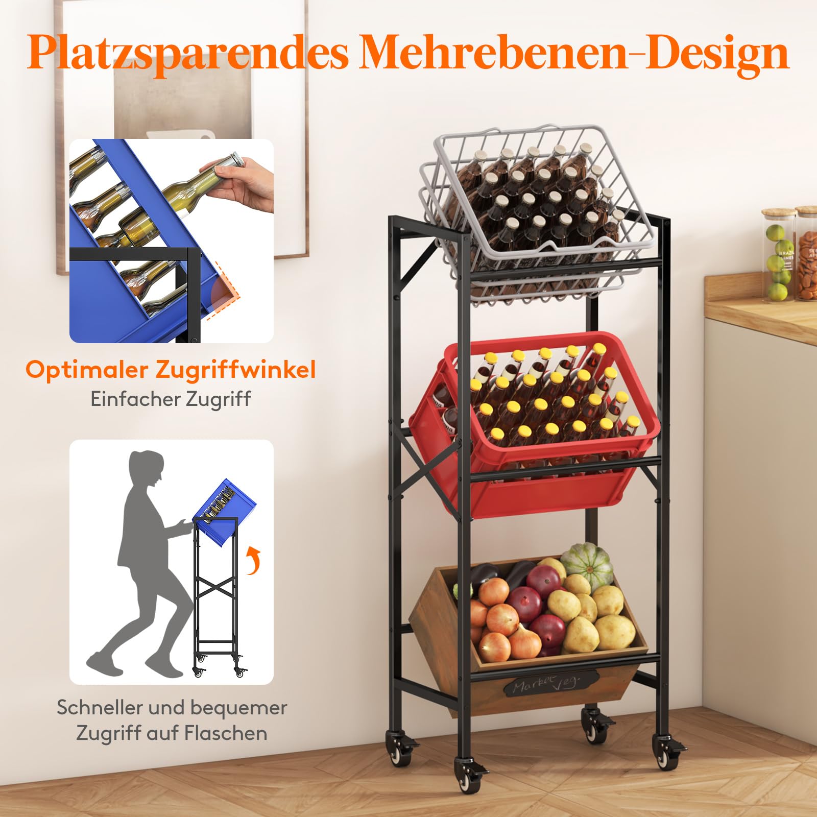 Lifewit Getränkekistenregal 3 Kisten mit Räder, Stabil Kistenregal Metall | trag. 450kg, Bierkisten Regal, Getränkeregal, Wasserkasten Regal, Kastenregal für Bier Getränke Wasser Gemüse Obst