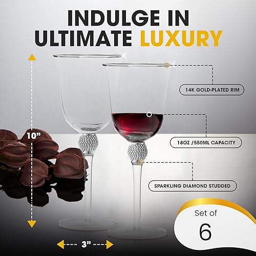 Miniatura 3 de Juego de 6 copas de vino de alta calidad, copa de vino de tallo largo con borde plateado y diseño de diamantes de imitación, 18 onzas