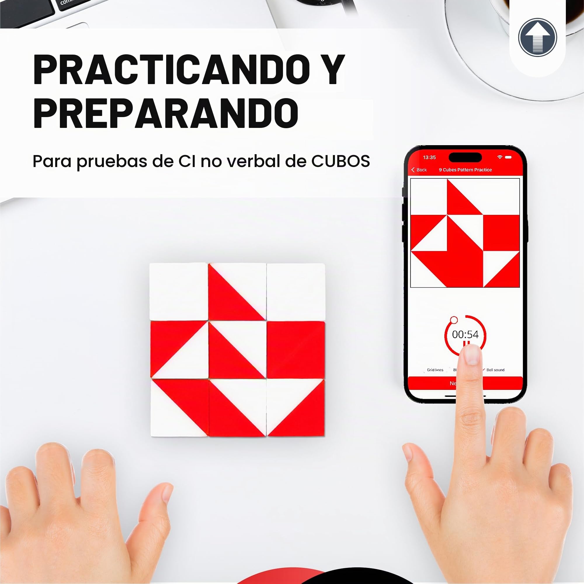 PrfcNL Cubos de prueba (rojo y blanco) - Estudio para pruebas de diseño de bloques, prueba de razonamiento espacial cognitivo, 9 cubos de Kohs, preparación de pruebas WAIS y Wisc, 1002IQBOX