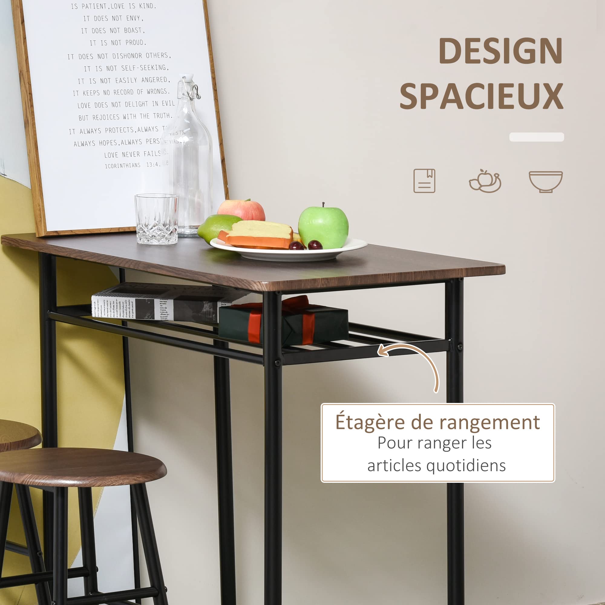HOMCOM Ensemble Table de Bar avec tabourets, Table à Manger Debout avec 2 chaises, étagère et Pieds en métal, Style Industriel, Table Haute Bar et 2 tabourets pour Salle à Manger, Cuisine, Noir