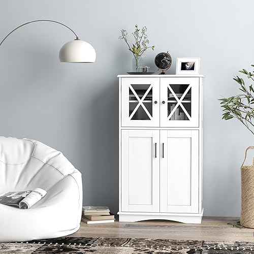 Miniatura 7 de COSTWAY Armario de almacenamiento de baño, armario de piso independiente con 4 puertas y 3 estantes ajustables, armario organizador de baño para