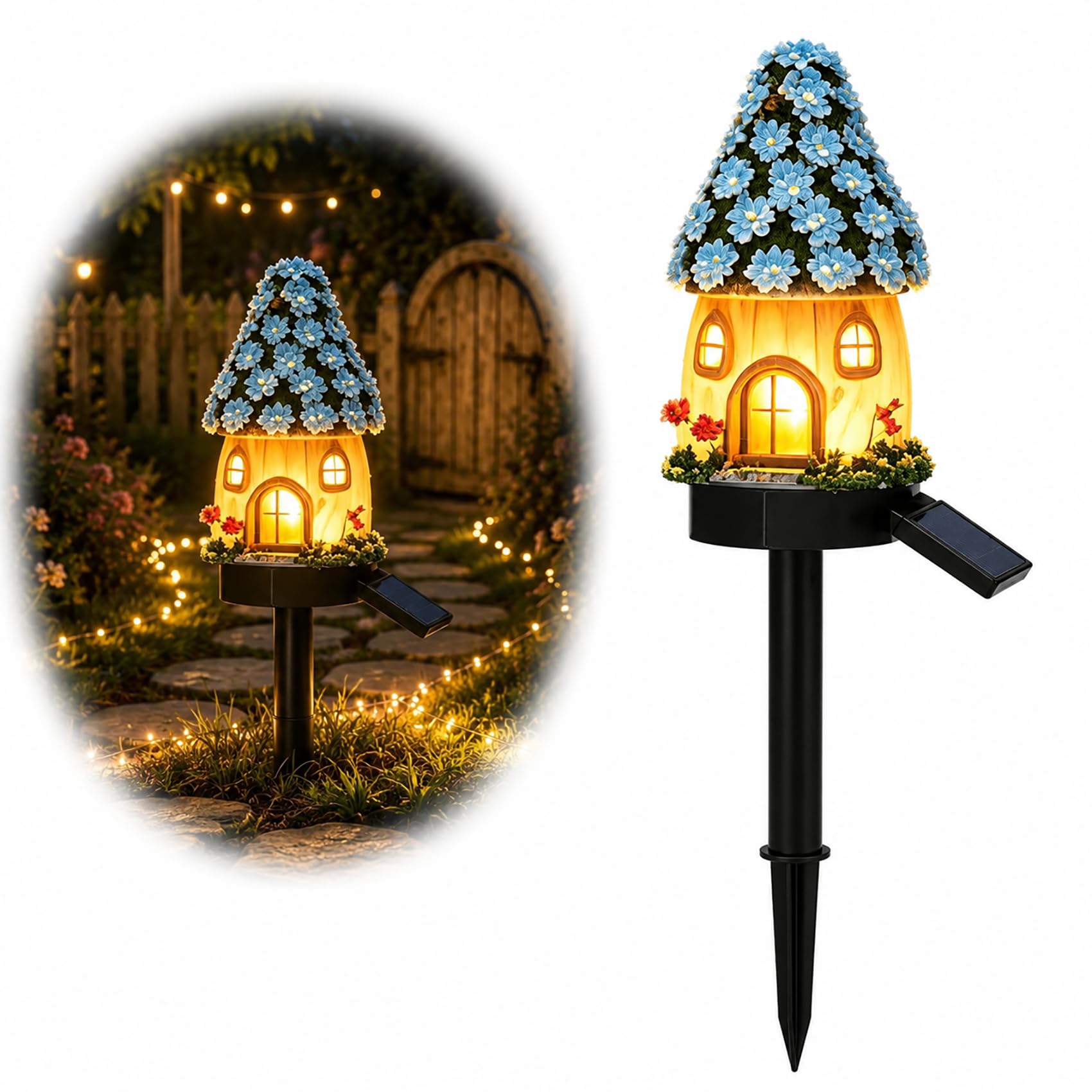 Cemssitu Solar Mushroom Cottage Garden Light, Waterproof LED Solar Garden Light with Stake, Resin Fairy Garden Stake Lights with Auto On/Off for Pathway Yard Patio Lawn Walkway (Blue)