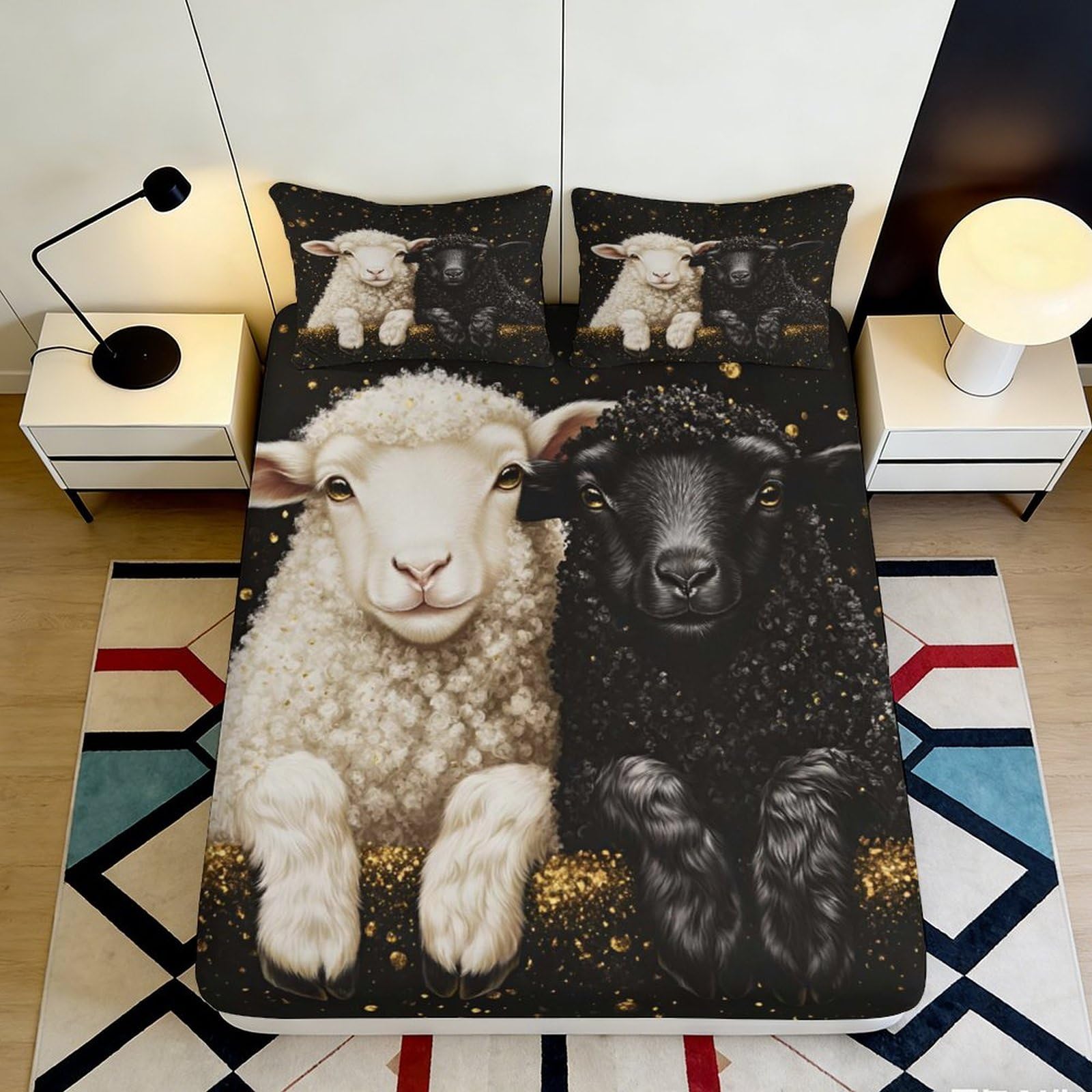 3D Printed Sheep Pattern Fitted Sheet Microfiber Non-Slip Deep Pocket Sheep Mattress Fitted Cover Adult Bedroom Bedding 90x200x25cm