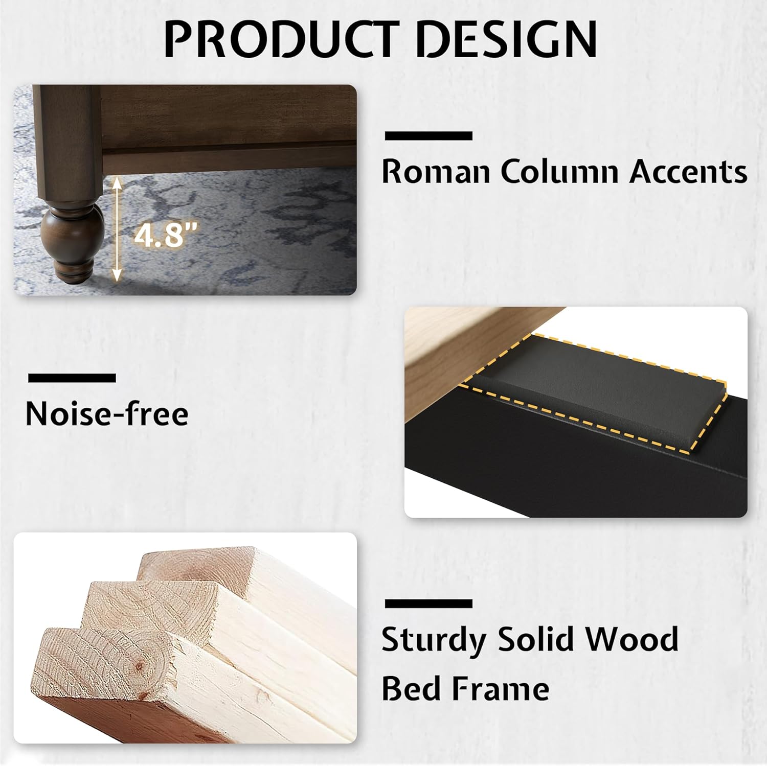 Solid Wood King Bed Frame, Transitional Platform Bed with 52.5" Tufted Upholstered Headboard, Rubberwood Construction, Roman Column Accents, No Box Spring Needed