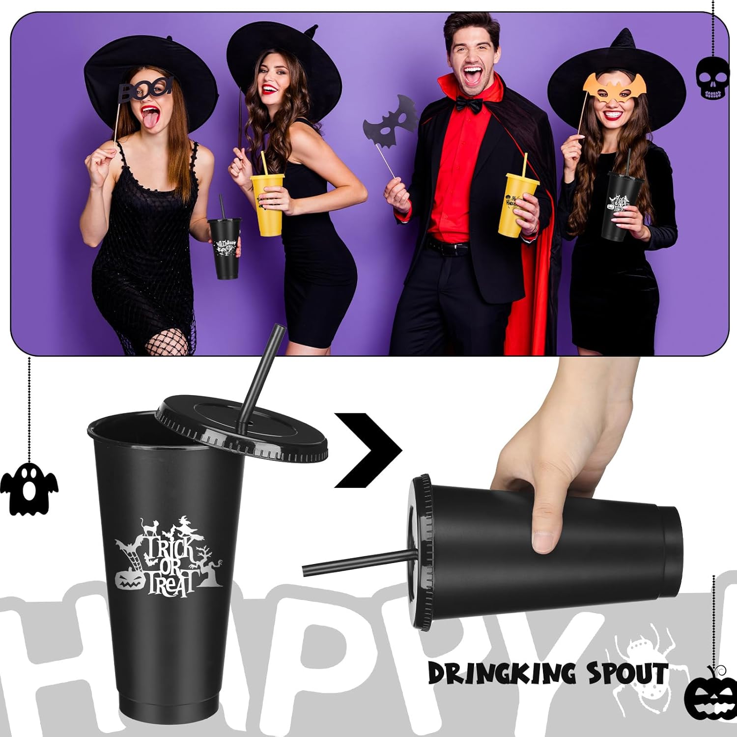 Mumufy 12 Pieces Halloween Plastic Cups With Straw and Lid - 24 oz Reusable Design Drink Travel Mug for Party Favors - Image 3