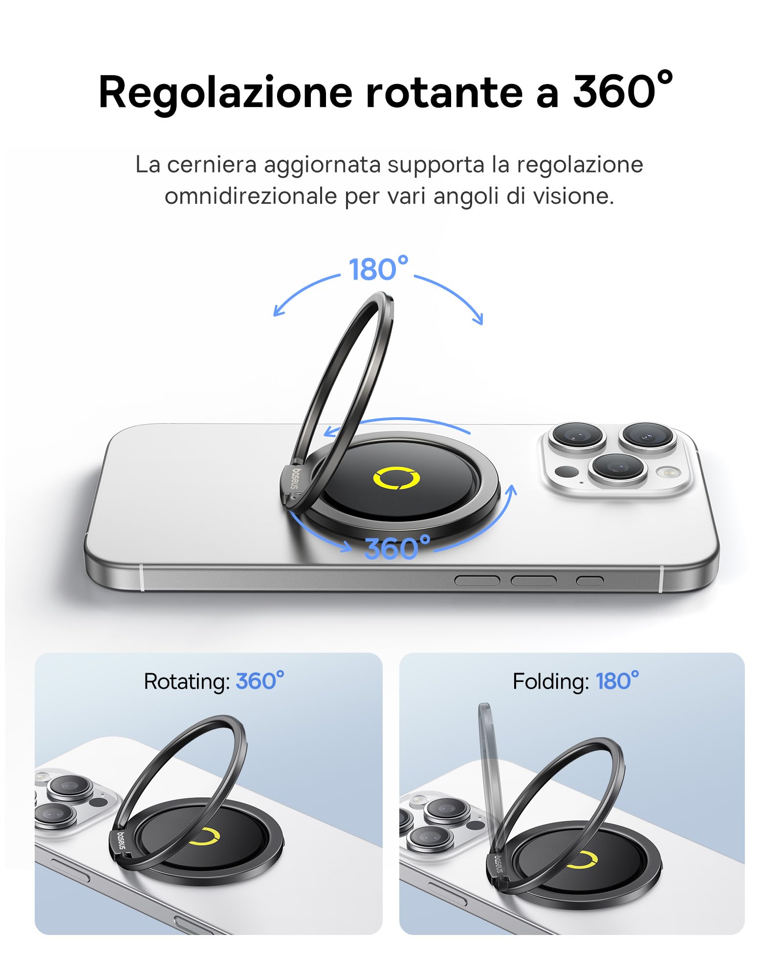 Baseus MagPro II Anello magnetico per iPhone per MagSafe, supporto ad anello magnetico 7,5N, supporto per impugnatura a rotazione a 360° per iPhone 17 16 15 14 13 12 Pro Max
