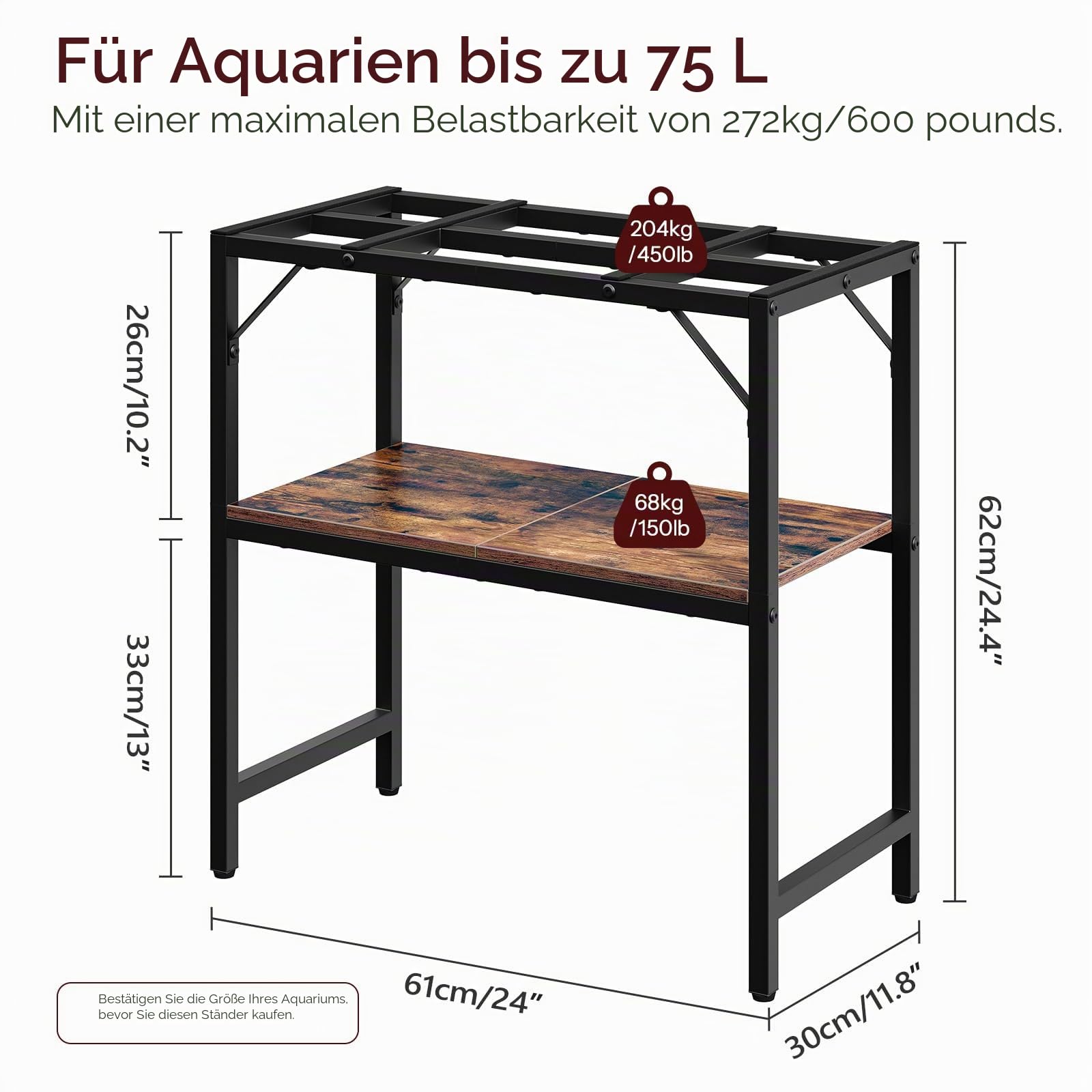 MAHANCRIS Aquariumständer, 20 L Aquarium Unterschrank, Aquariumregal, 2-stöckiger Aquarium Tisch, Fischtankständer mit Ablage, 204 kg belastbar, 61 x 30 x 62 cm, Vintagebraun und Schwarz AFTHR2001