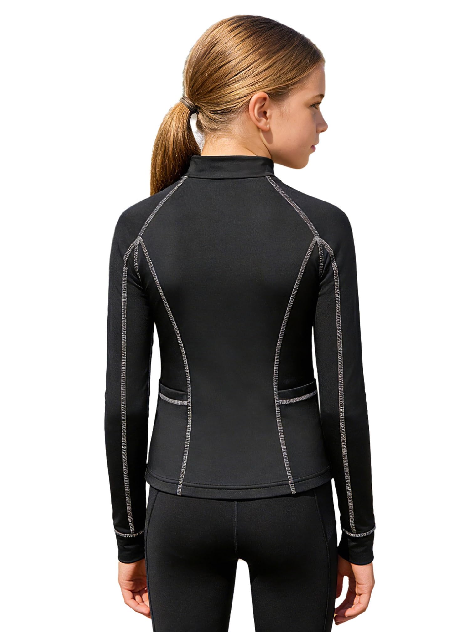 Agoky Mädchen Sportshirts Langarm Stehkragen T-Shirts Basic Einfarbig Laufshirts mit Daumenlöcher Taschen 1/4 Reißverschluss Funktionsshirts Atmungsaktive Tops