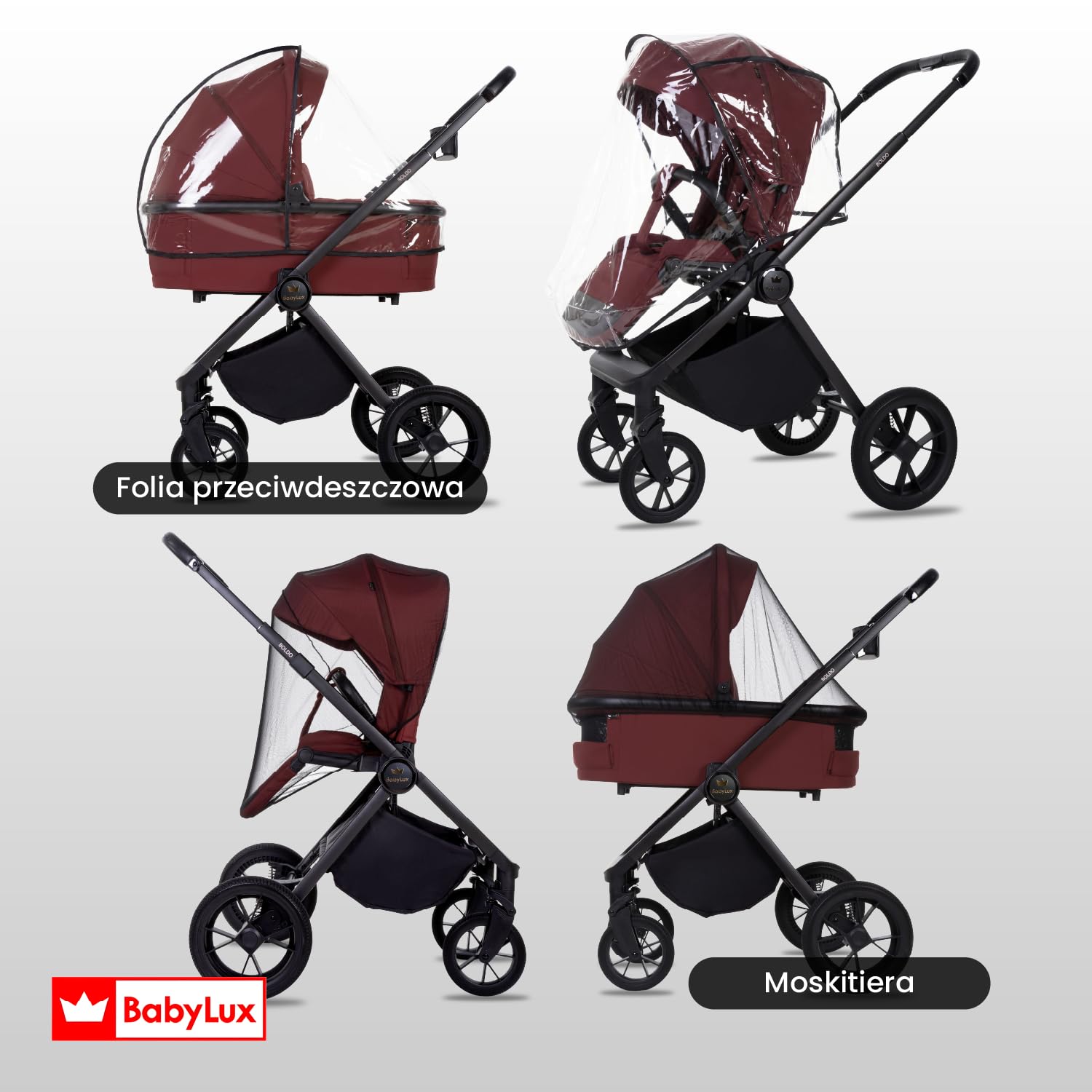 BabyLux Wielofunkcyjny Wózek Dziecięcy 3w1 BOLDO Lekki i Kompaktowy | Gondola, Spacerówka, Fotelik Samochodowy, Składana Aluminiowa Konstrukcja Stelaża, Regulowane oparcie, Akcesoria