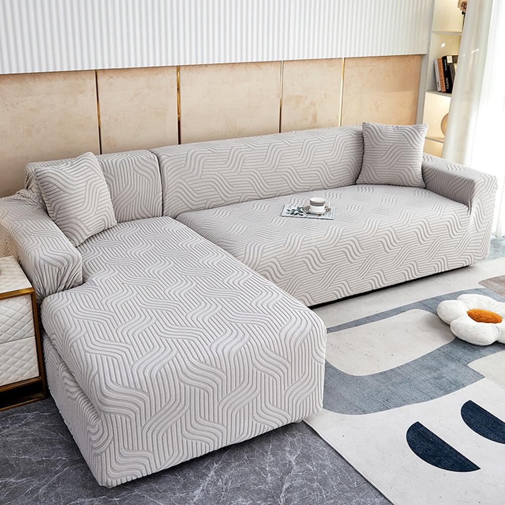Housse canapé extensible jacquard gris clair salon enfants et animaux
