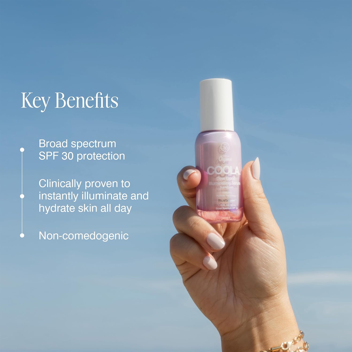 COOLA Organic Dew Good Illuminating Probiotic Serum with SPF 30, Dermatologist Tested Sunscreen with Plant-Derived BlueScreen Digital De-Stress Technology, 1.15 Fl Oz