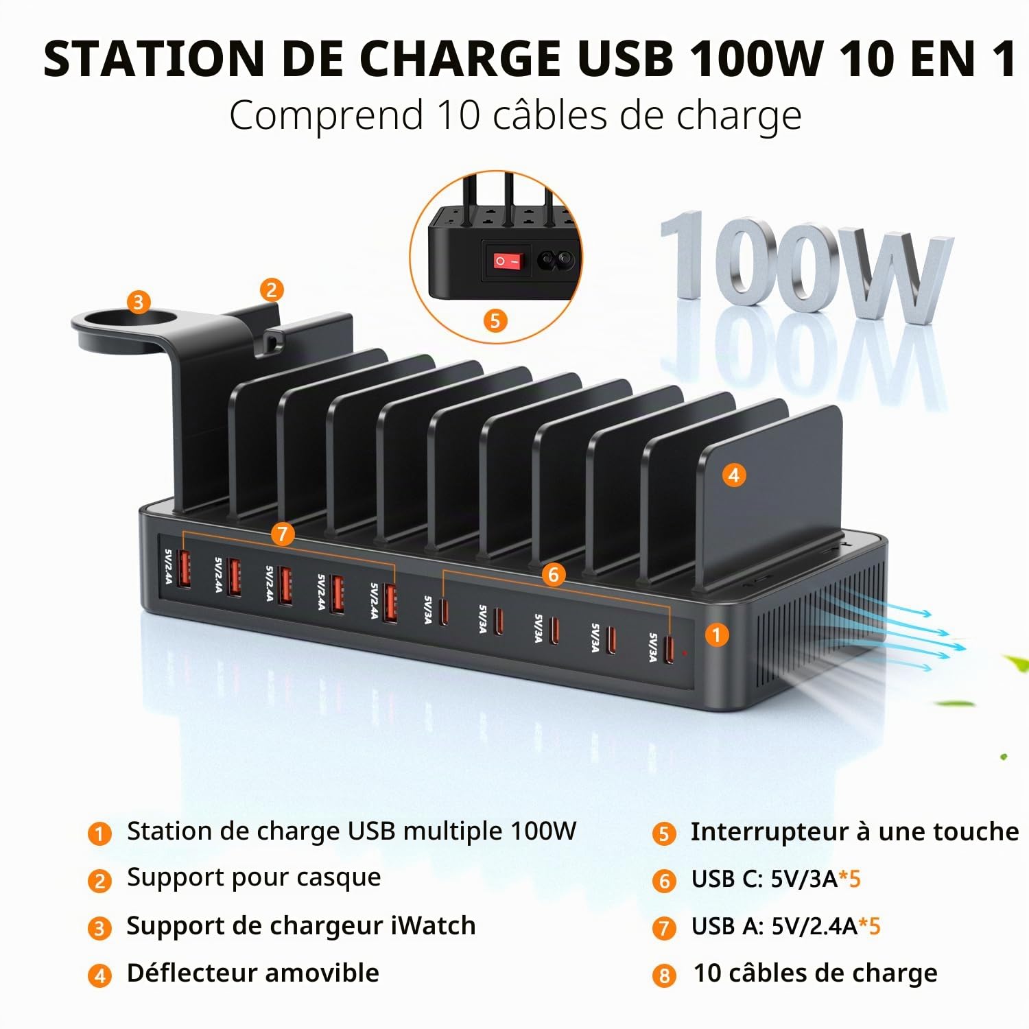 Station de Recharge Multi-appareils 100W, Chargeur 10 Ports USB C+USB A, Support de Bureau pour téléphone et Tablette, adapté au Rangement des appareils, Compatible avec iPhone/Galaxy/iPad/tablettes